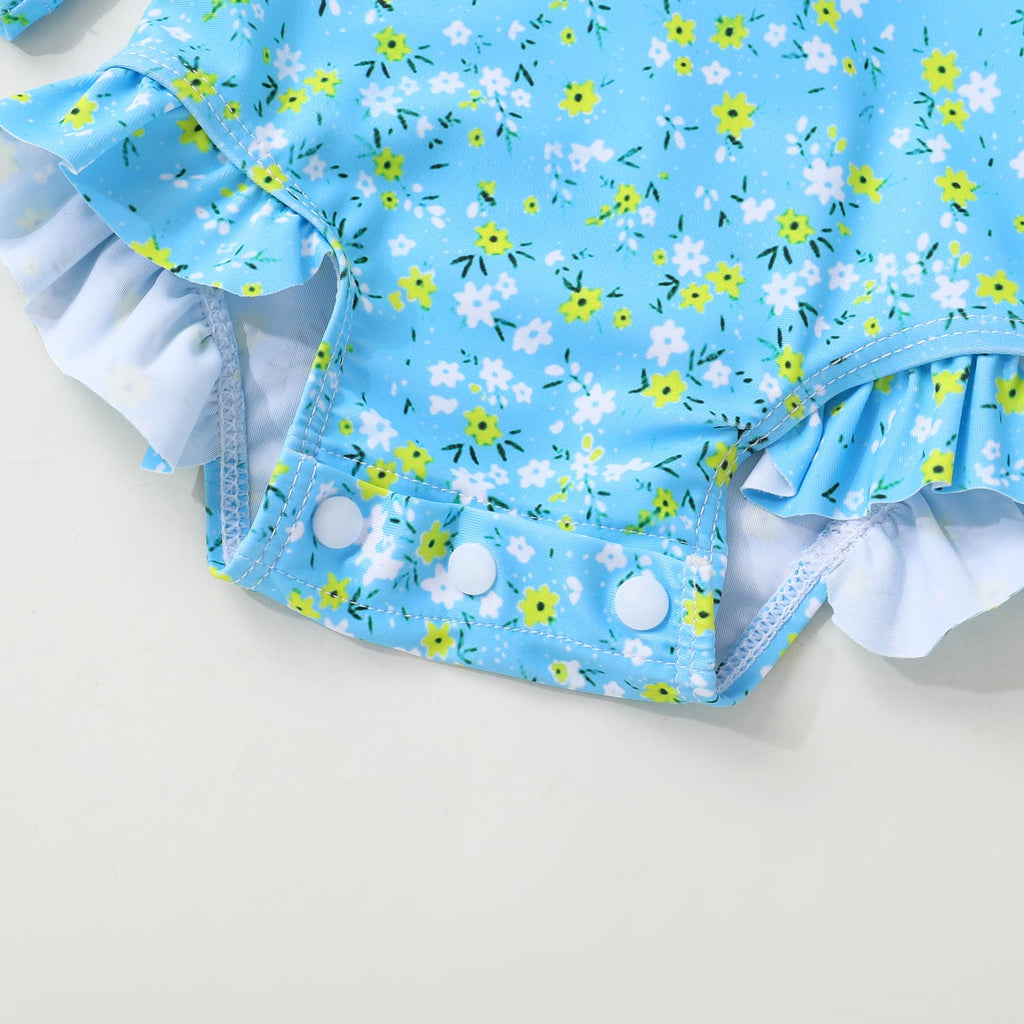 Infant Baby Girl Swimsuit One-Piece Long Sleeve Rash Guard with Hat Set Floral Zipper Bathing Suit Leopard Beach Wear