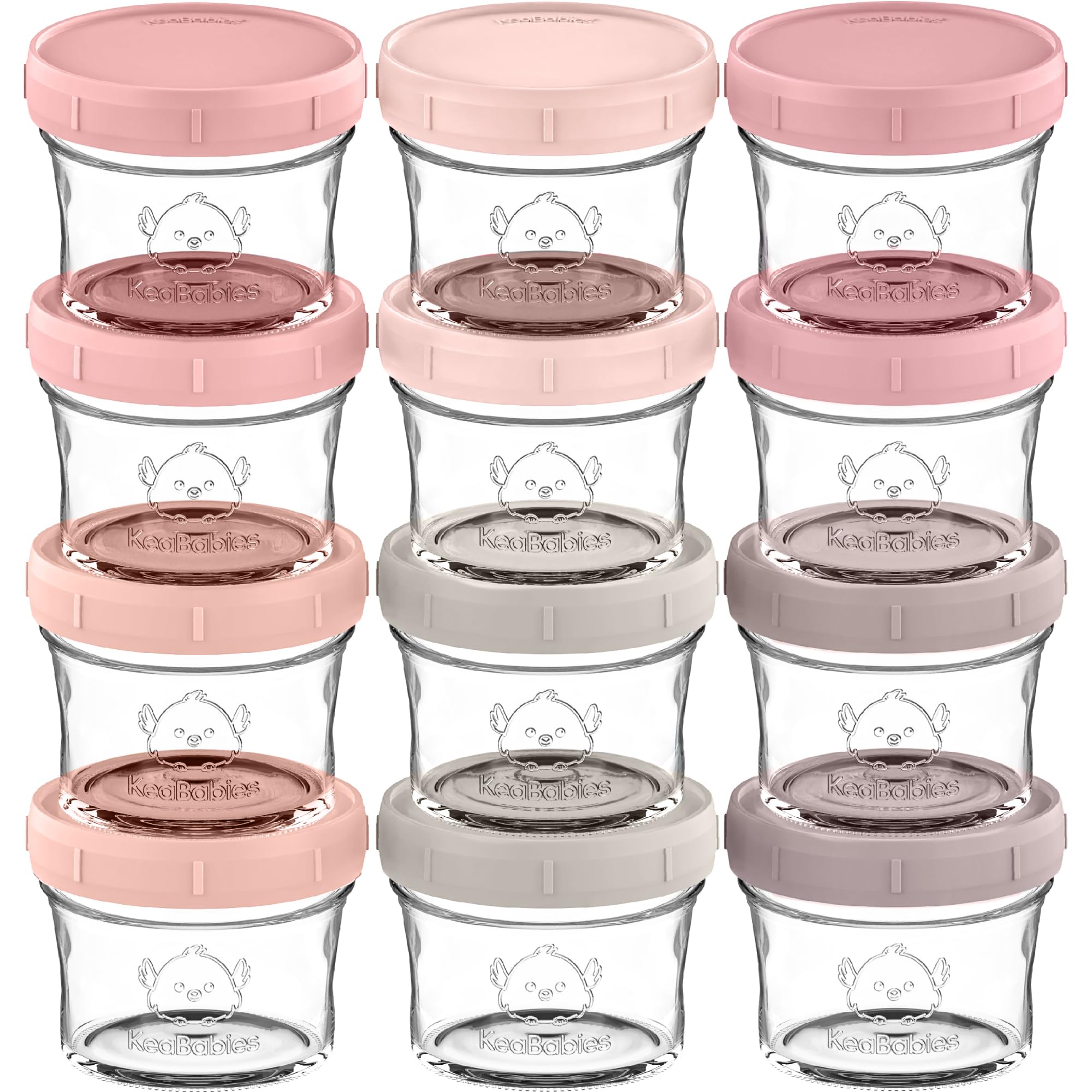 KeaBabies 12pk 4oz Glass Baby Food Containers with Lids, Leak-Proof (Roseate)