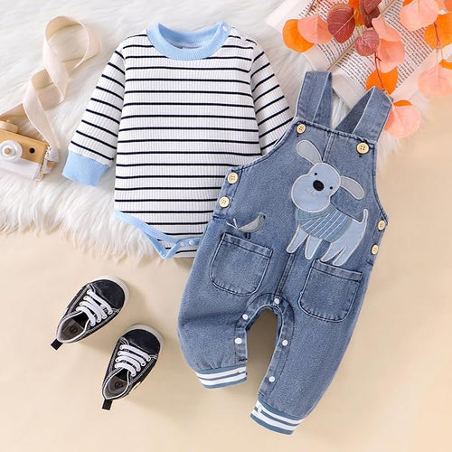 6 Month Boy Clothes Baby Fall Winter Newborn Fashion Outfits Infant Long Sleeve Striped Romper Cute Dog Cartoon Button Jeans Overalls Pants Set Blue 6-9 Months