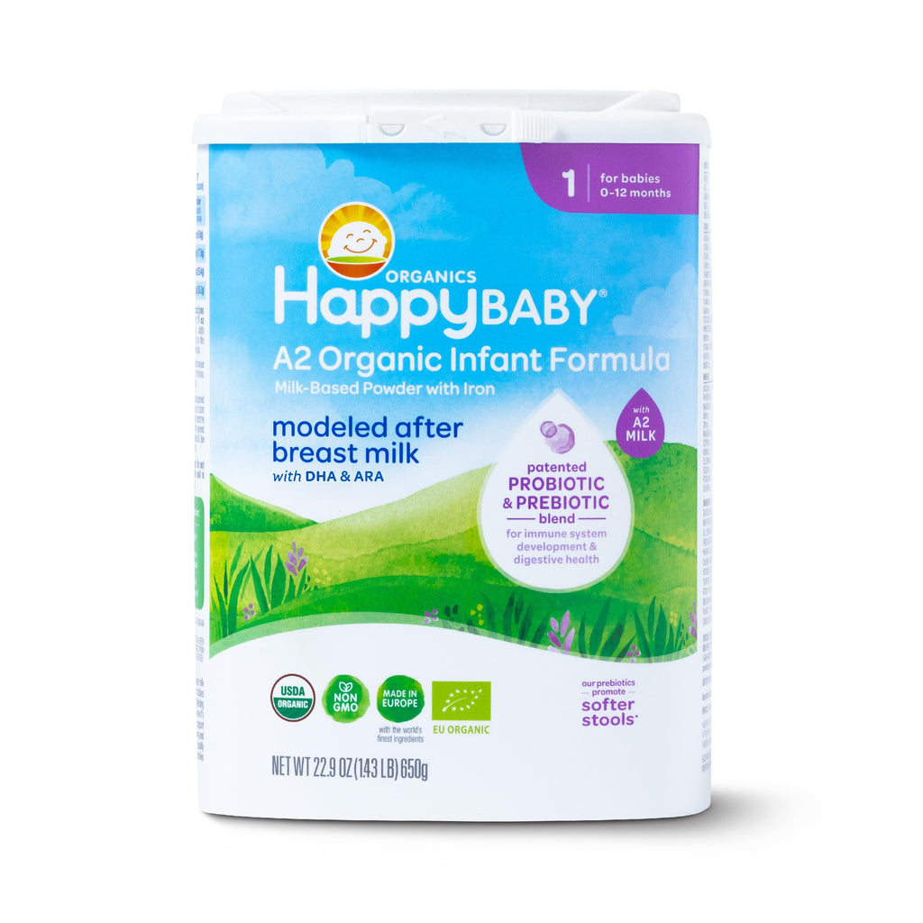 Happy Baby Organics Stage 1 A2 Infant Formula, 0 12 Months, Milk Based Organic Baby Formula Powder with A2 Milk, Probiotics & Prebiotics for Immune & Digestive Support, 22.9 Ounce (Pack of 1)