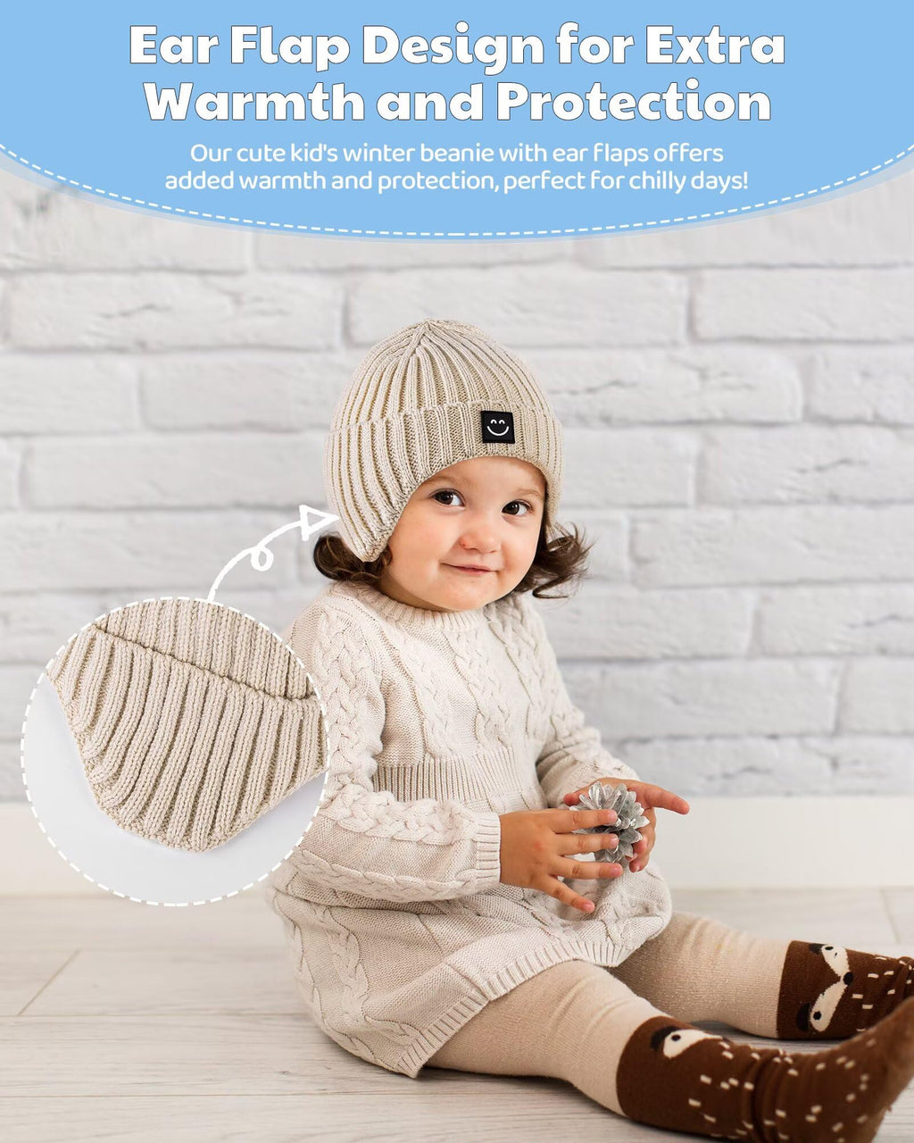 Alepo 3 Pack Baby Beanie Hats with Earflaps, 2 Size Baby Winter Hat for Newborn Infant Toddler Kids Children with Cute Smiley Face, Soft Warm Fleece Lined Knit Hat for Girls Boys-13