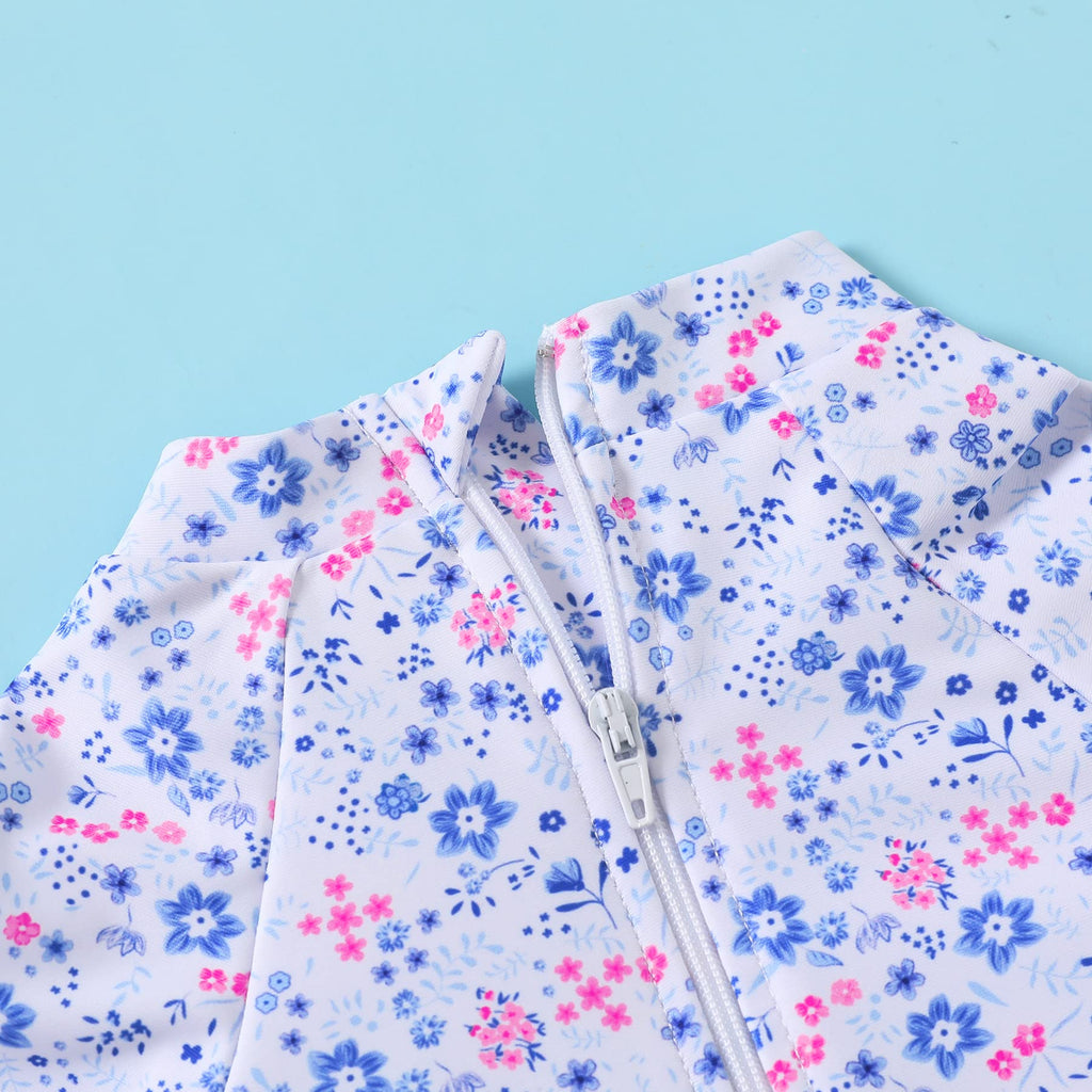 Infant Baby Girl Swimsuit One-Piece Long Sleeve Rash Guard with Hat Set Floral Zipper Bathing Suit Leopard Beach Wear (12-18 Months, Flower#2)