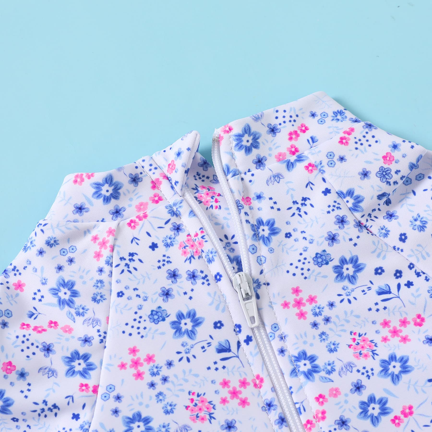 Infant Baby Girl Swimsuit One-Piece Long Sleeve Rash Guard with Hat Set Floral Zipper Bathing Suit Leopard Beach Wear (3-6 Months, Flower#2)