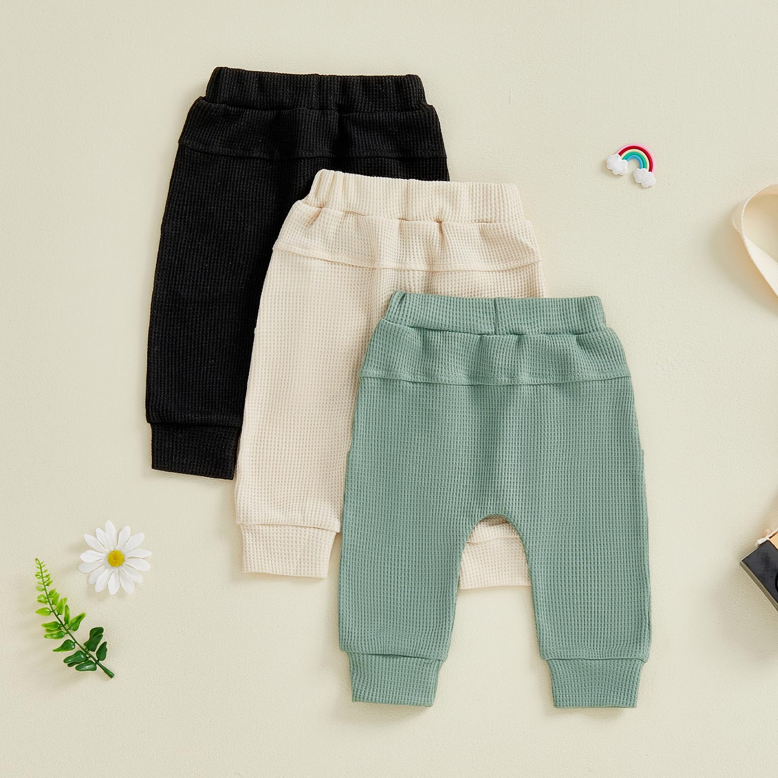 Sejardin Toddler Baby Boy Girl Pants 3 Pack Solid Color Elastic Waist Jogger Sweatpants Newborn Infant Casual Bottoms (Waffle Black Apricot Green, 6-12 Months)