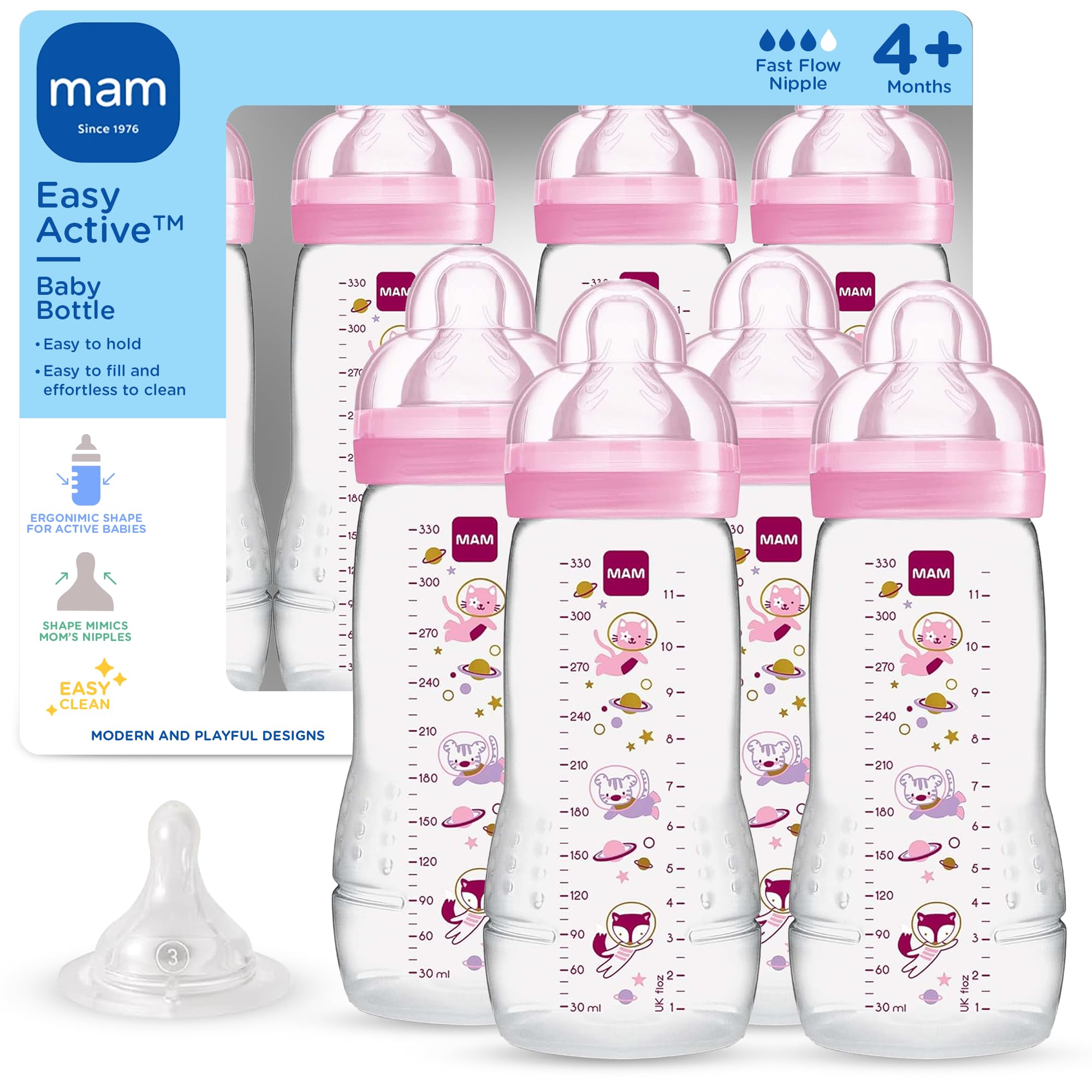 MAM 11oz Active Natural Flow Active Anti-Colic Baby Bottle, 4+ Mths, 4 Pack