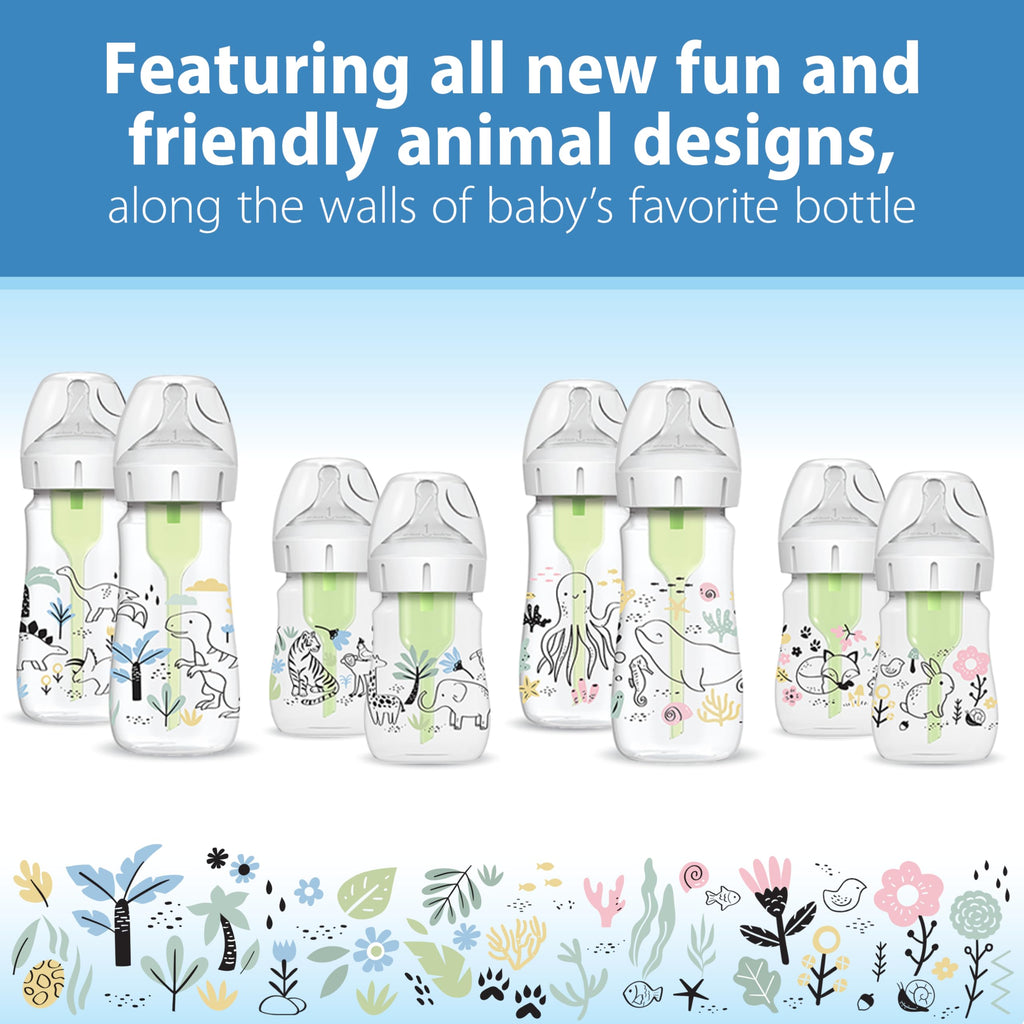 Dr. Brown's Anti-Colic Options+ Wide-Neck Baby Bottles, Jungle, 2-Pack
