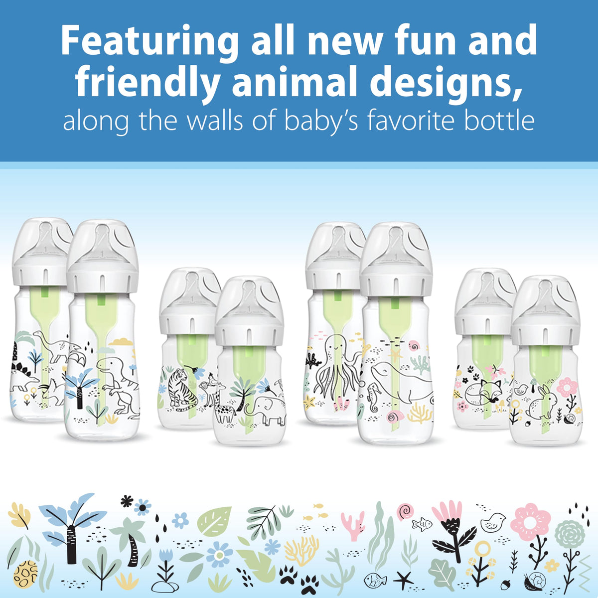 Dr. Brown's Anti-Colic Options+ Wide-Neck Baby Bottles, Jungle, 2-Pack