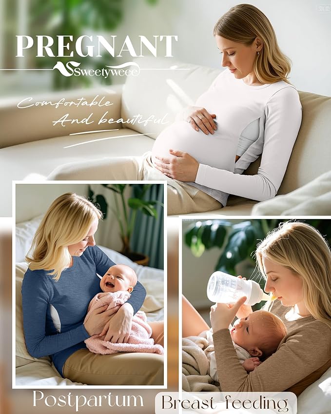 4 Pack Women's Nursing Breastfeeding Tops, Long Sleeve Maternity Shirts Loose Fit Hidden Zipper Pregnancy Clothes