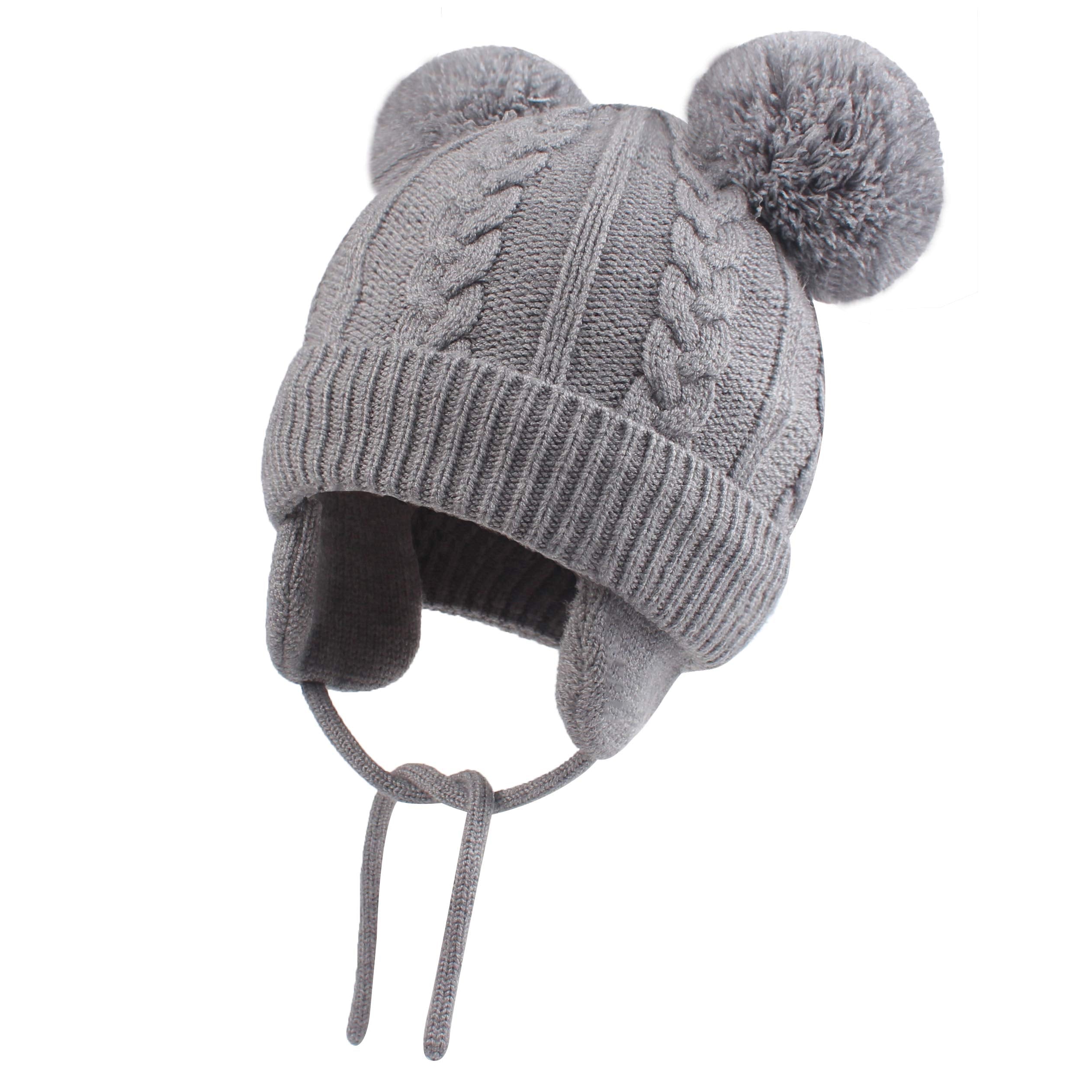 Duoyeree Toddler Winter Hat, Earflap Double Pom Pom Knit Beanie 0-36M