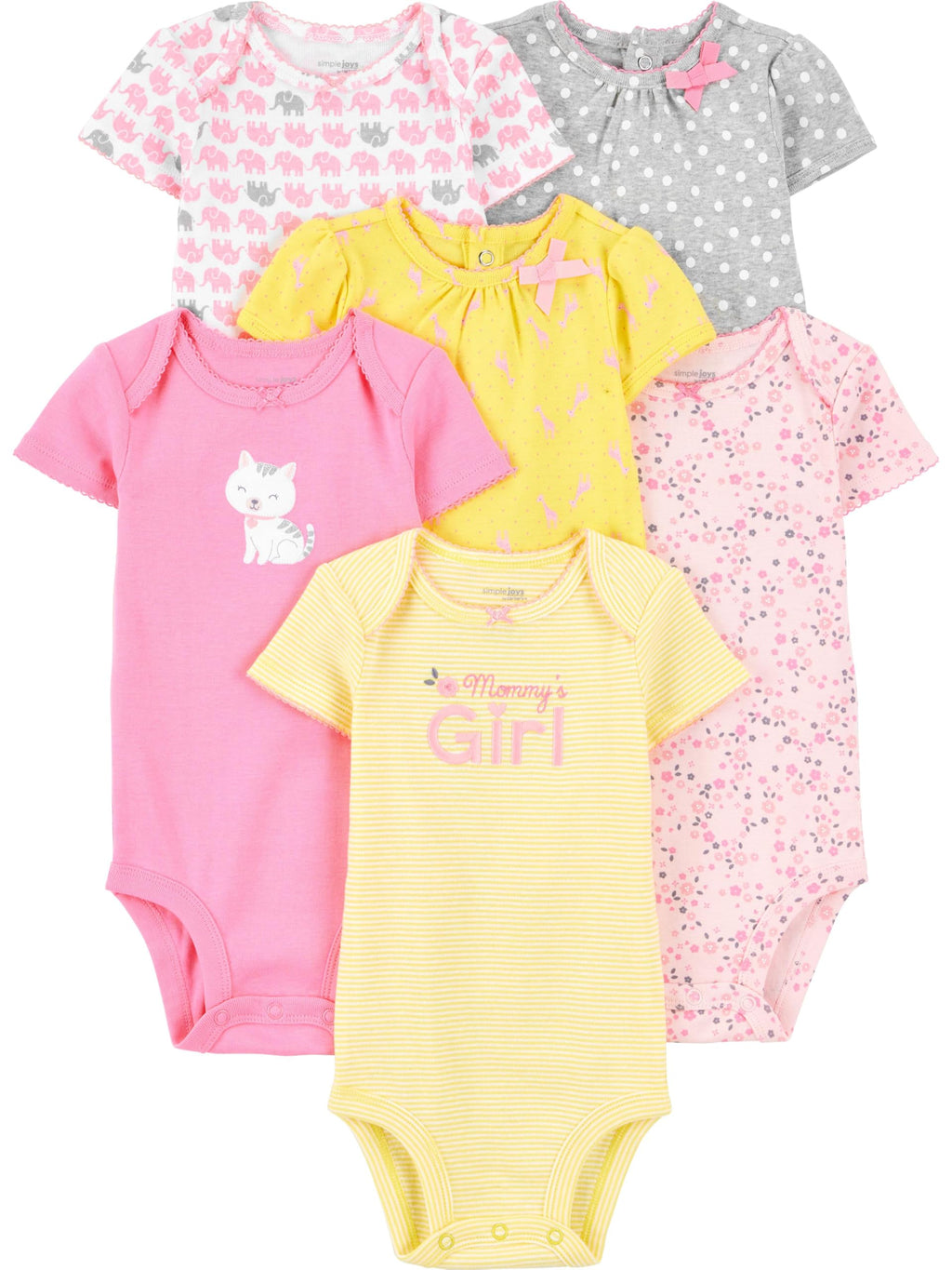 Simple Joys by Carter's Baby Girls' Short-sleeve Bodysuit, Pack of 6, Pink/Yellow, 18 Months