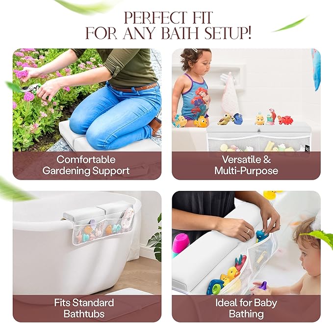 Baby Bath Kneeler & Elbow Rest Pad – Extra Thick Foam Pads for Comfort | Non-Slip, Machine Washable with Mesh Pockets & Suction Cups | Bonus Baby Brush & Washcloth – Thoughtful Gift for New Parents