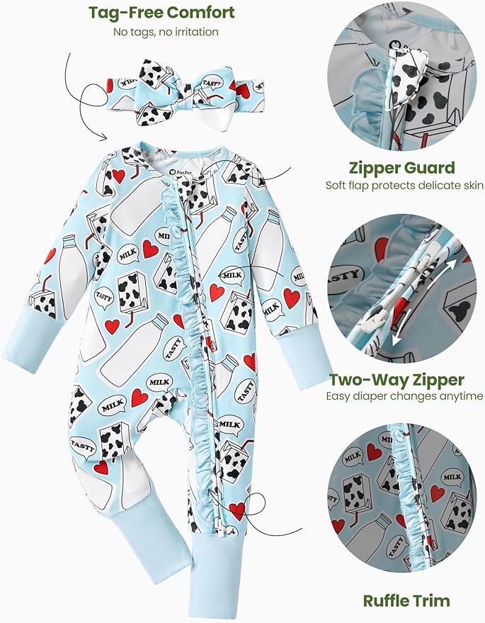 PATPAT Baby Girl Boy Clothes Newborn Infant Footie – Soft Viscose from Bamboo– 2-Way Zipper, Fold-Over Mitten, Ruffle Trim