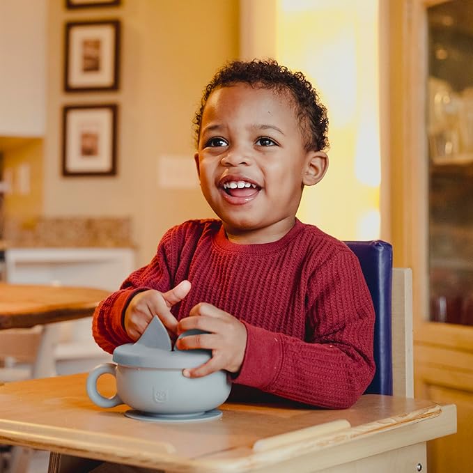 TalkTools Itsy Bowl with Locking Lid - Platinum grade silicone with Volume Lines, Curved Walls for Easy Scooping - for Babies, Toddlers, Children, and Elderly - Snack Cup Lid Accessory (Cloud)