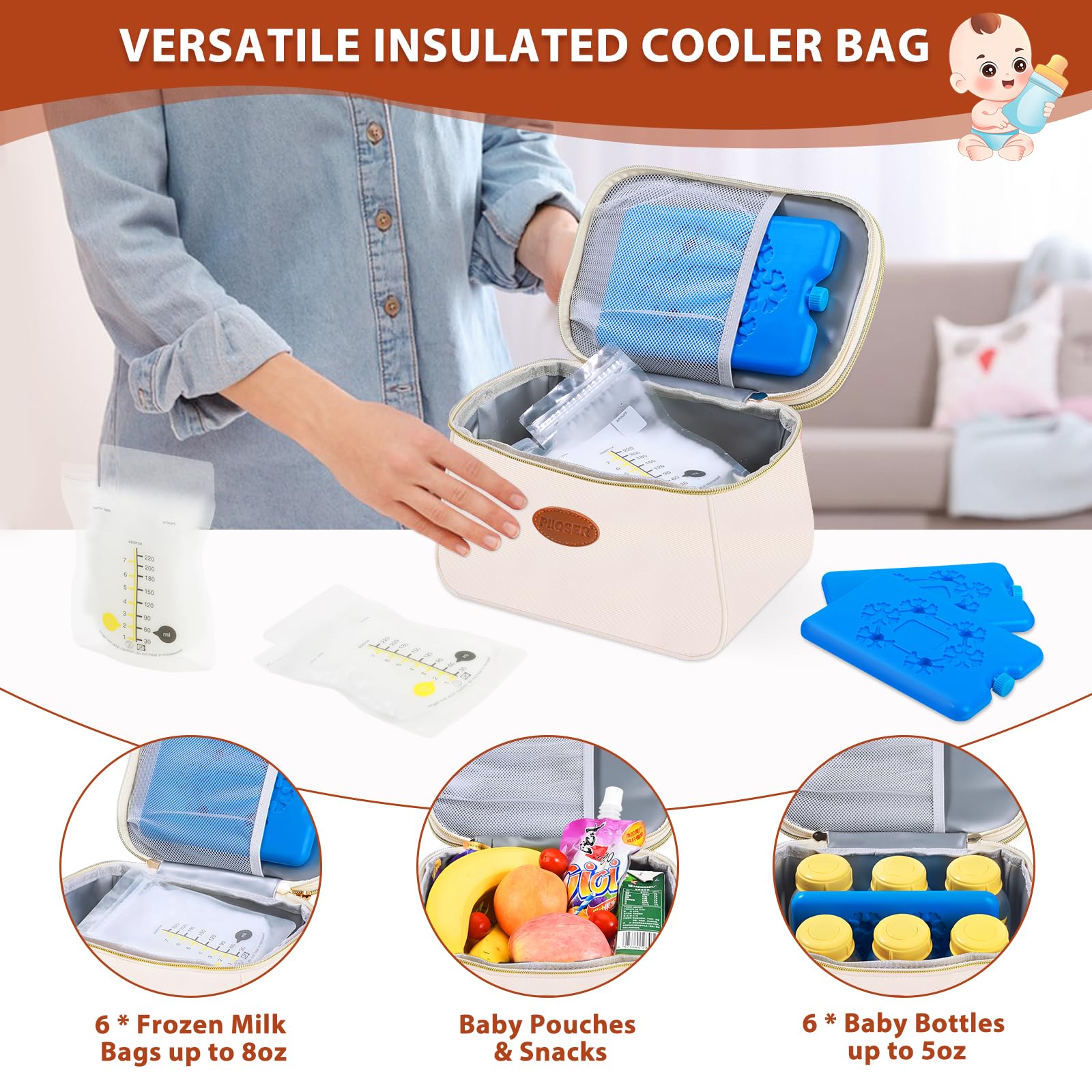 PIIOSER Breast Milk Cooler Travel Bag with 2 Ice Pack, Fits 6 Freeze Breastmilk Storage Bags Up to 8Oz, Insulated Small Breastmilk Storage Cooler Bag for Breastfeeding Moms Daycare, Black(Cream-XS)