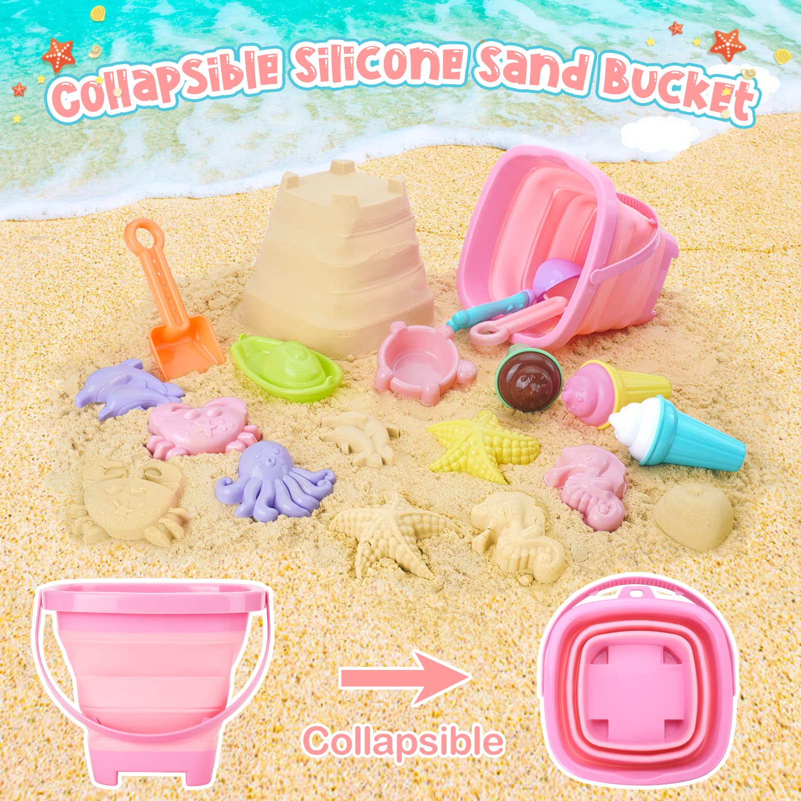 REZUCREY Beach Toys with Ice Cream, Collapsible Buckets for Kids Ages 3-12