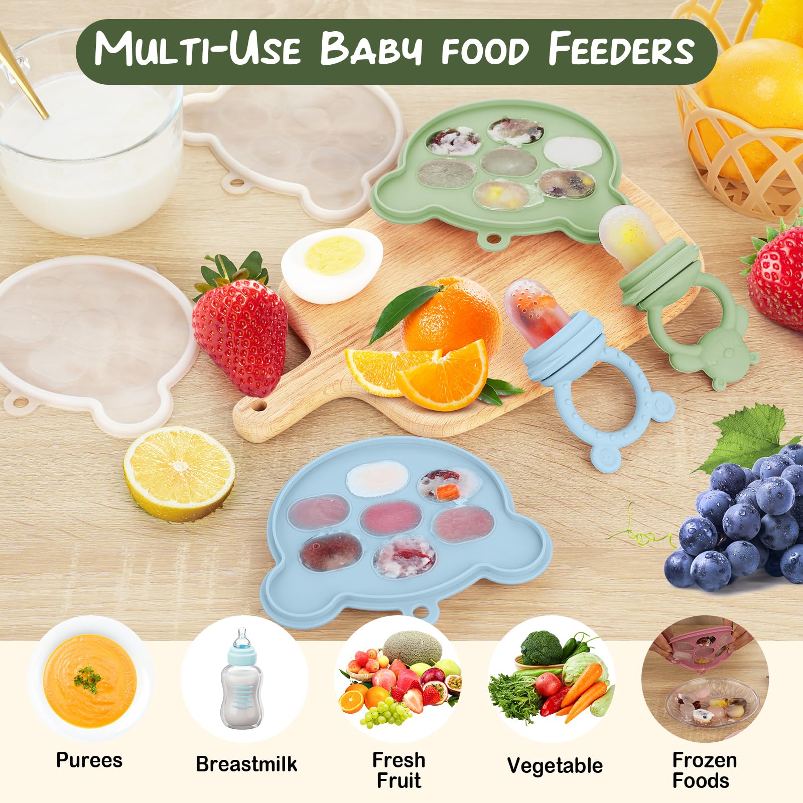 Baby Breastmilk Popsicle Molds & Baby Fruit Feeder (6 Pack), WAJIAYON Infant Food Freezer Tray Storage Containers, Silicone Teething Pacifier Feeder and Teether for Babies,Babies Feeder