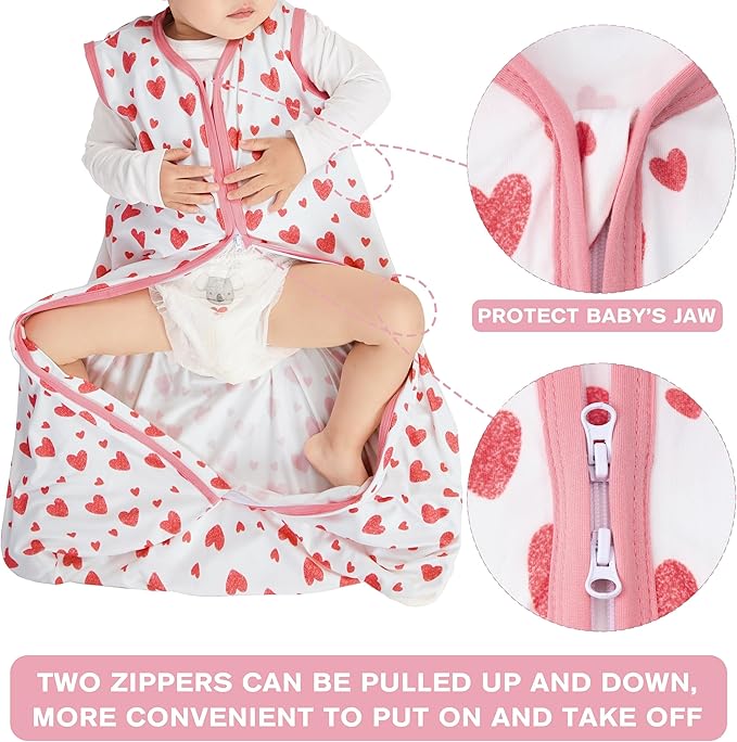 3 Pack Baby Sleep Sack 6-12 Months 100% Rayon Cotton Baby Sleeping Bag 2-Way Zipper Toddler Wearable Blankets TOG 0.3 （Heart&Pink&Floral）