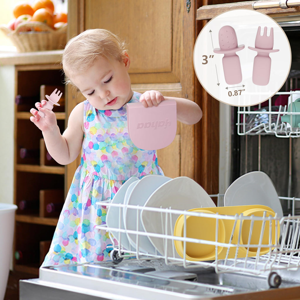 Silicone Baby Foldable Dinner Plates with Forks and Spoons, Matte Pink