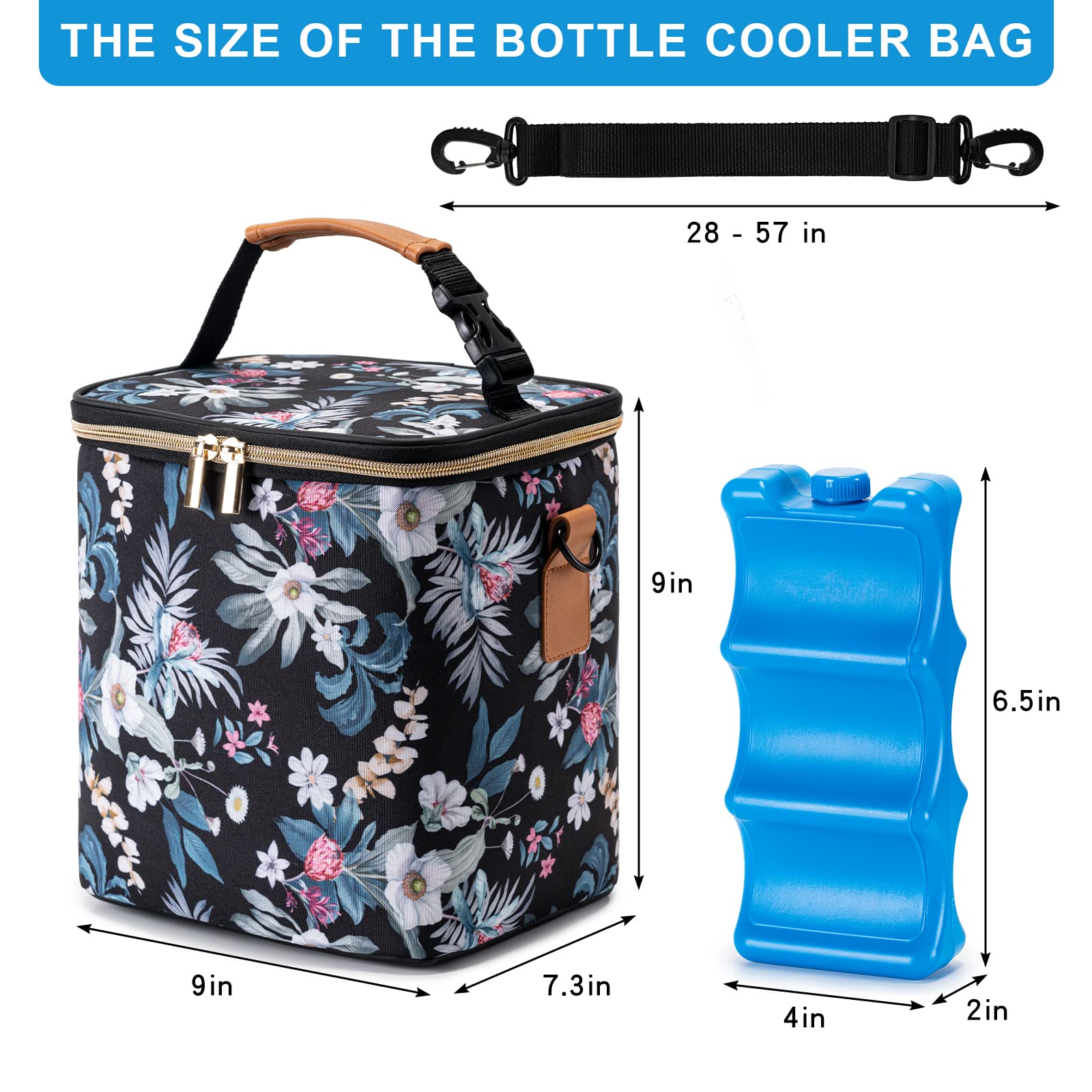 BABEYER Breastmilk Cooler Bag with Ice Pack Fits 6 Baby Bottles Up to 9 Ounce, Baby Bottle Bag with Shoulder Strap for Nursing Mom Daycare, Floral