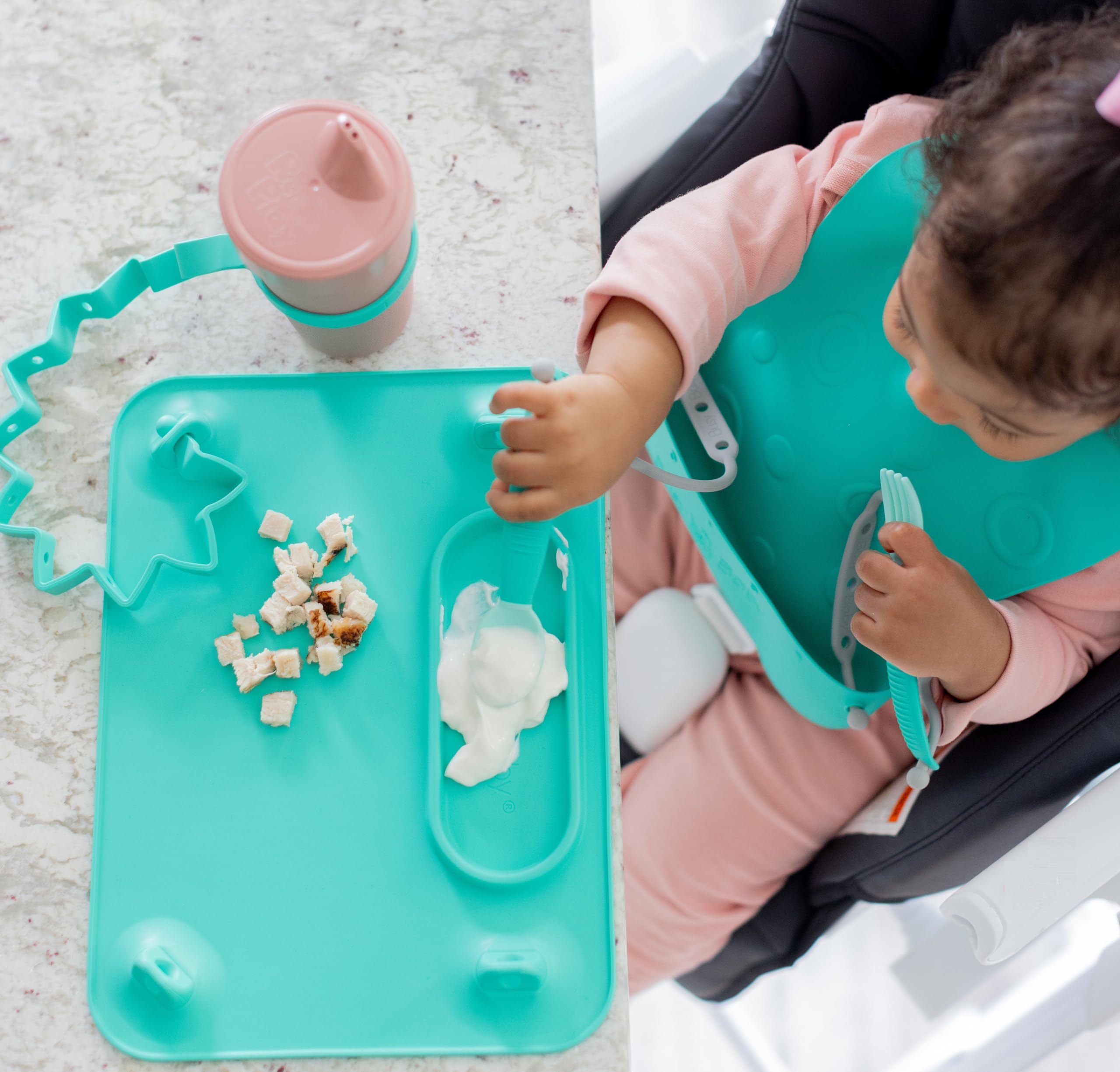 Busy Baby Silicone Mat NEW Suction Cups for Self Feeding with 4 Straps(Tan)