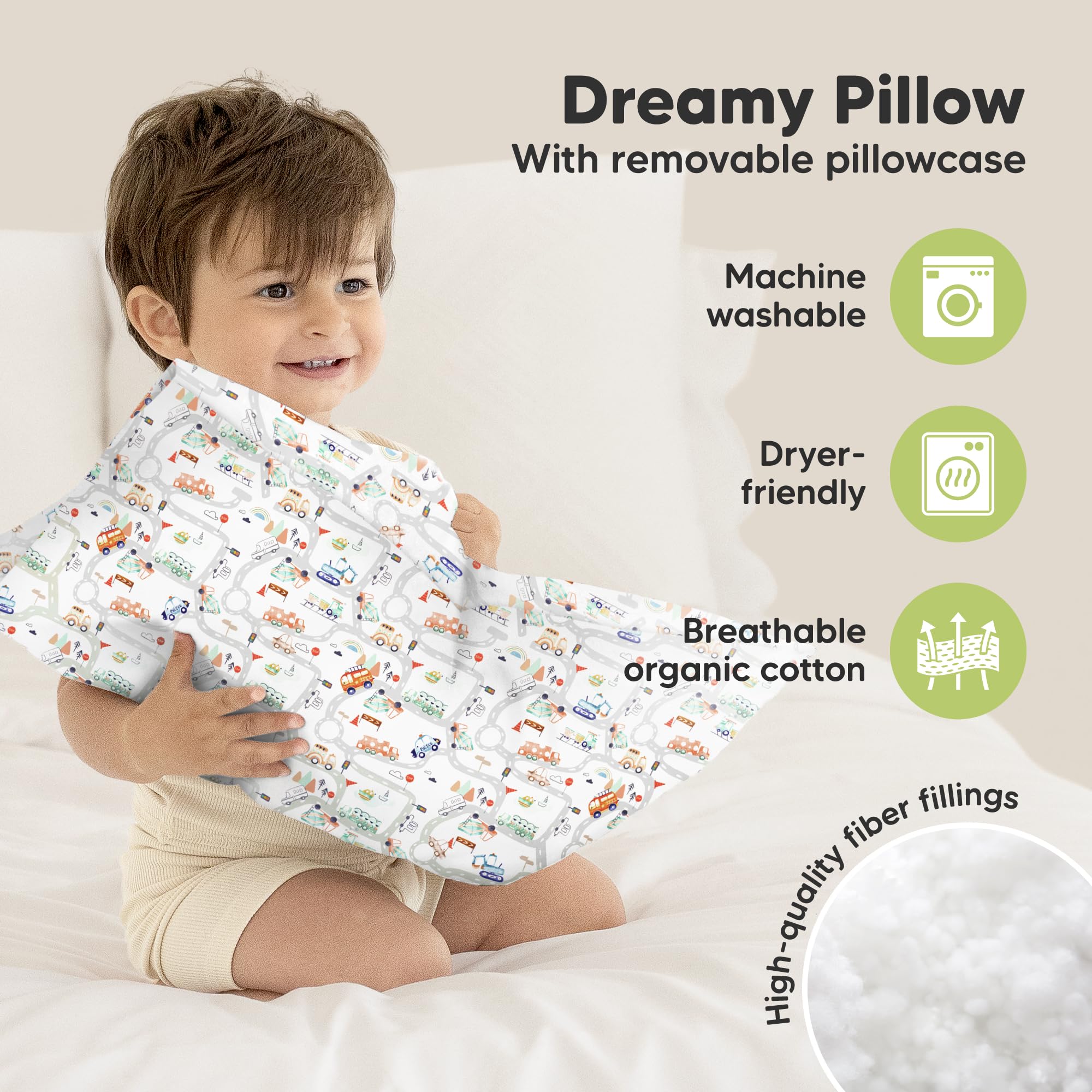 Toddler Pillow with Pillowcase, 13x18 My Little Dreamy Pillow (Roadway)