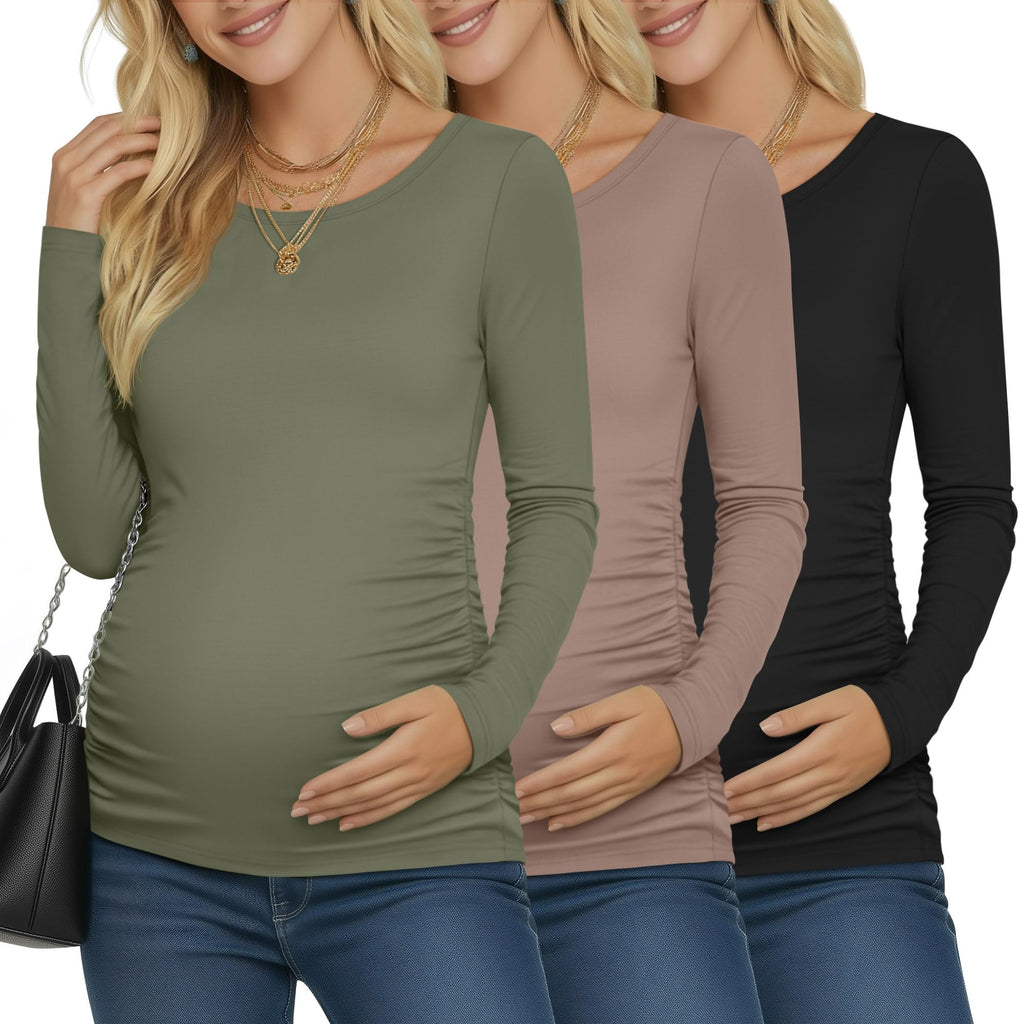 Ficerd 3 Pack Women's Maternity Long Sleeve Shirts, 3-Color Set, X-Large