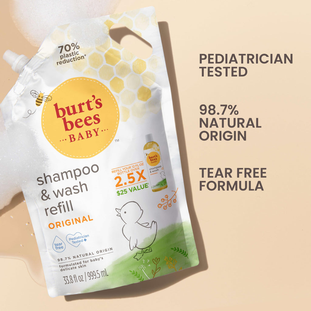 Burt's Bees Baby Shampoo and Baby Wash Refill, Original, Plant-Based Formula, Tear-Free, Pediatrician-Tested, Natural Origin, Gently Cleans Sensitive Skin and Hair, 33.8 Fl Oz
