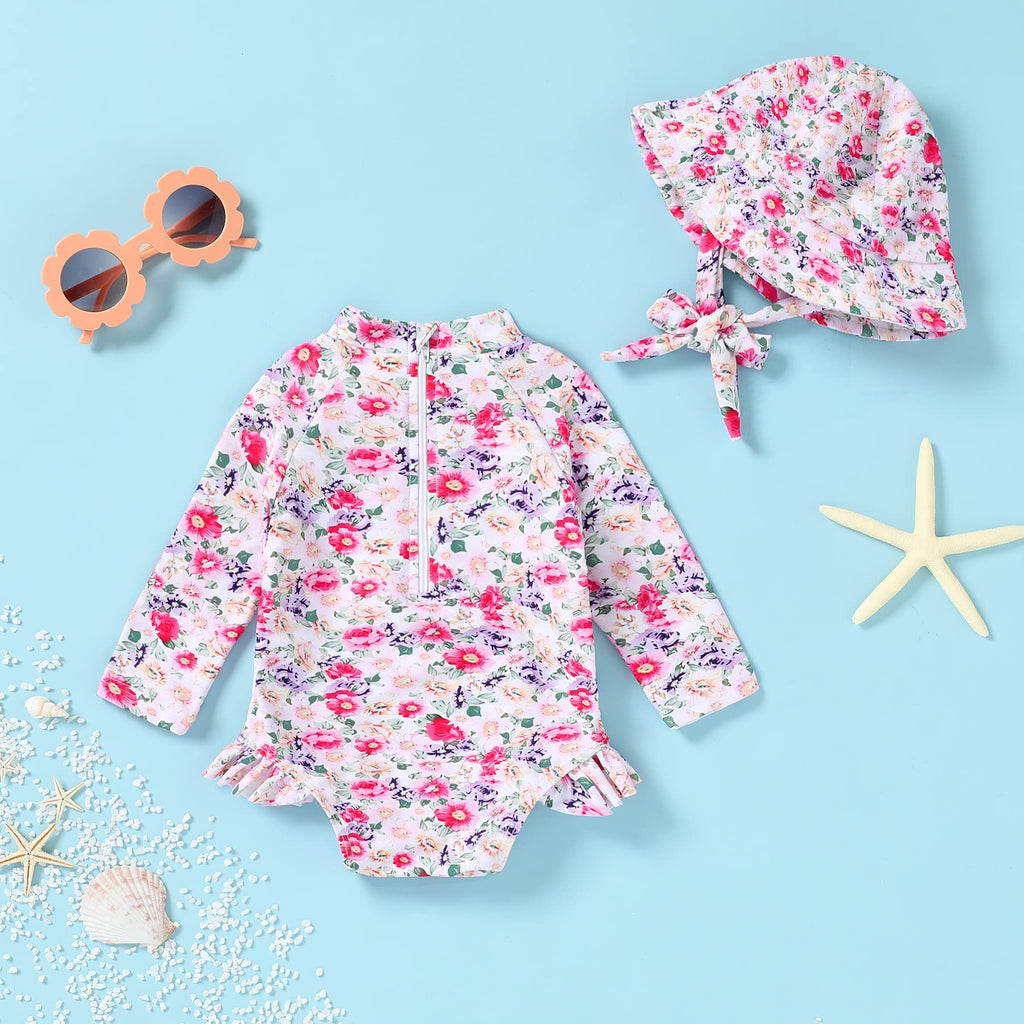 Infant Baby Girl Swinsuit One-Piece Long Sleeve Rash Guard with Hat Set Floral Zipper Bathing Suit Leopard Beach Wear (18-24 Months, Flower#3)