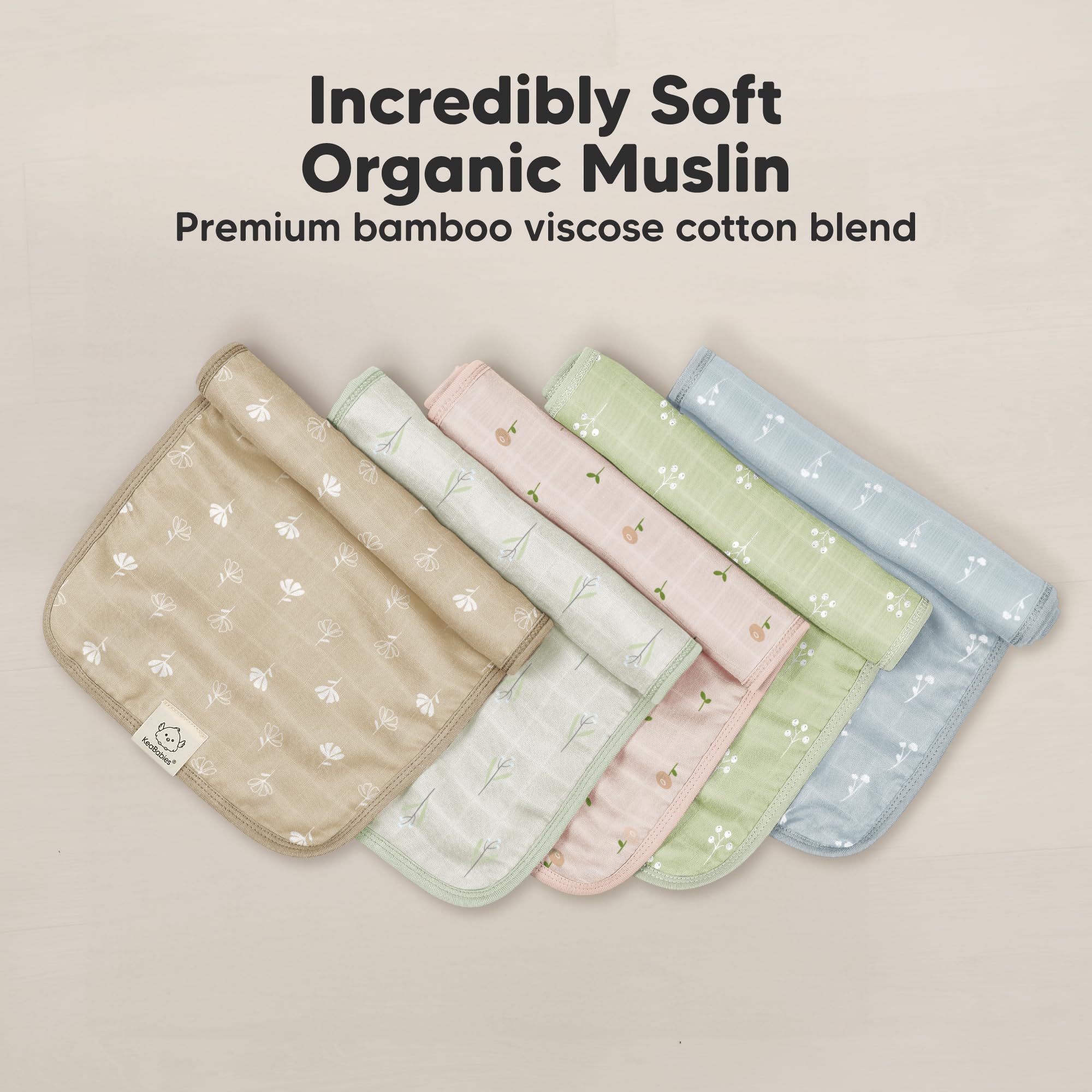 KeaBabies Cotton Muslin Burp Cloths Baby Boy, Girl, 5-Pack 20x10 (Wild Bloom)