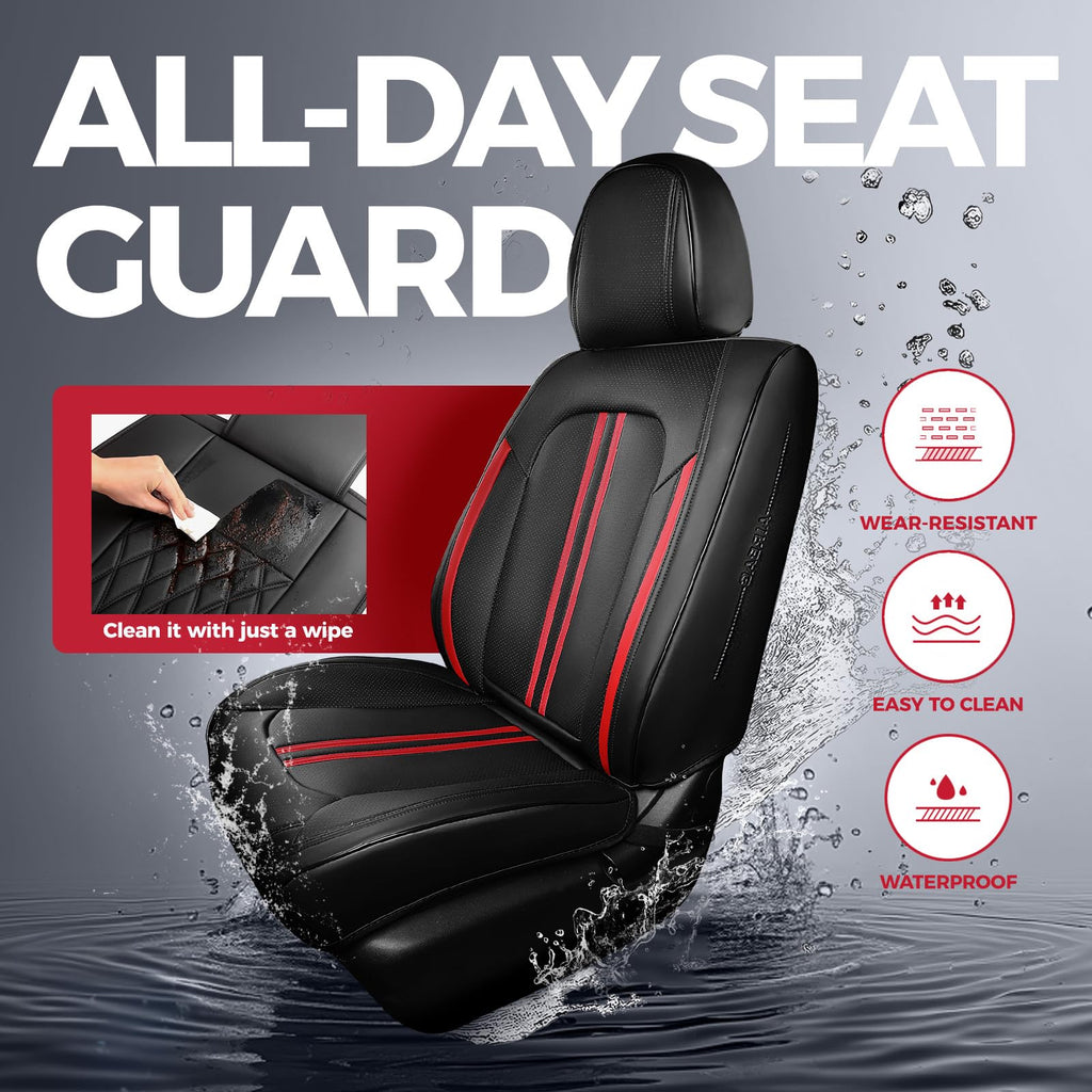 FREESOO Leather Seat Covers Full Set for Cars Trucks SUV, Black Red Line