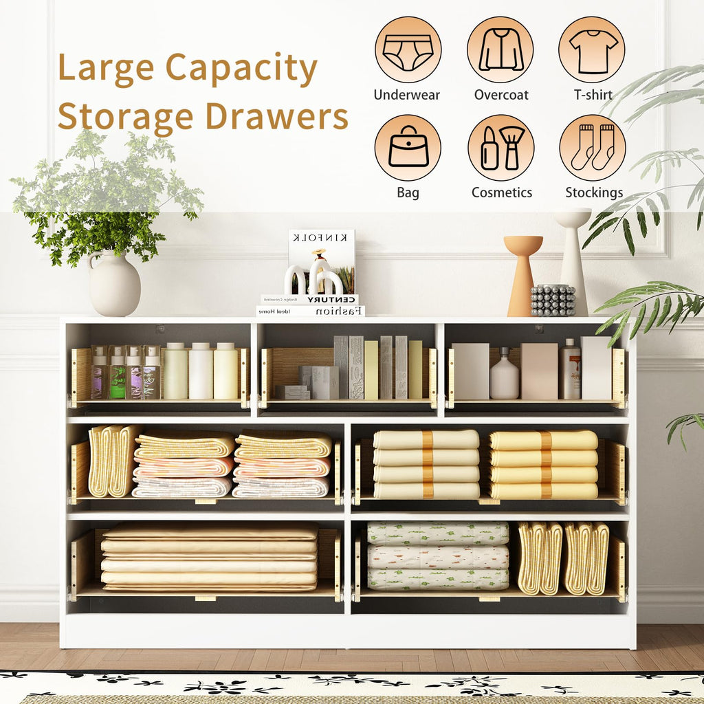 Sscaktu 7 Drawer Fluted Dresser with Deep Drawers for Bedroom, White丨55 Wide Mid Century Dresser, Modern Chest of Drawers, Wood TV Stand Storage Organizer for Closet, Living Room, Hallway