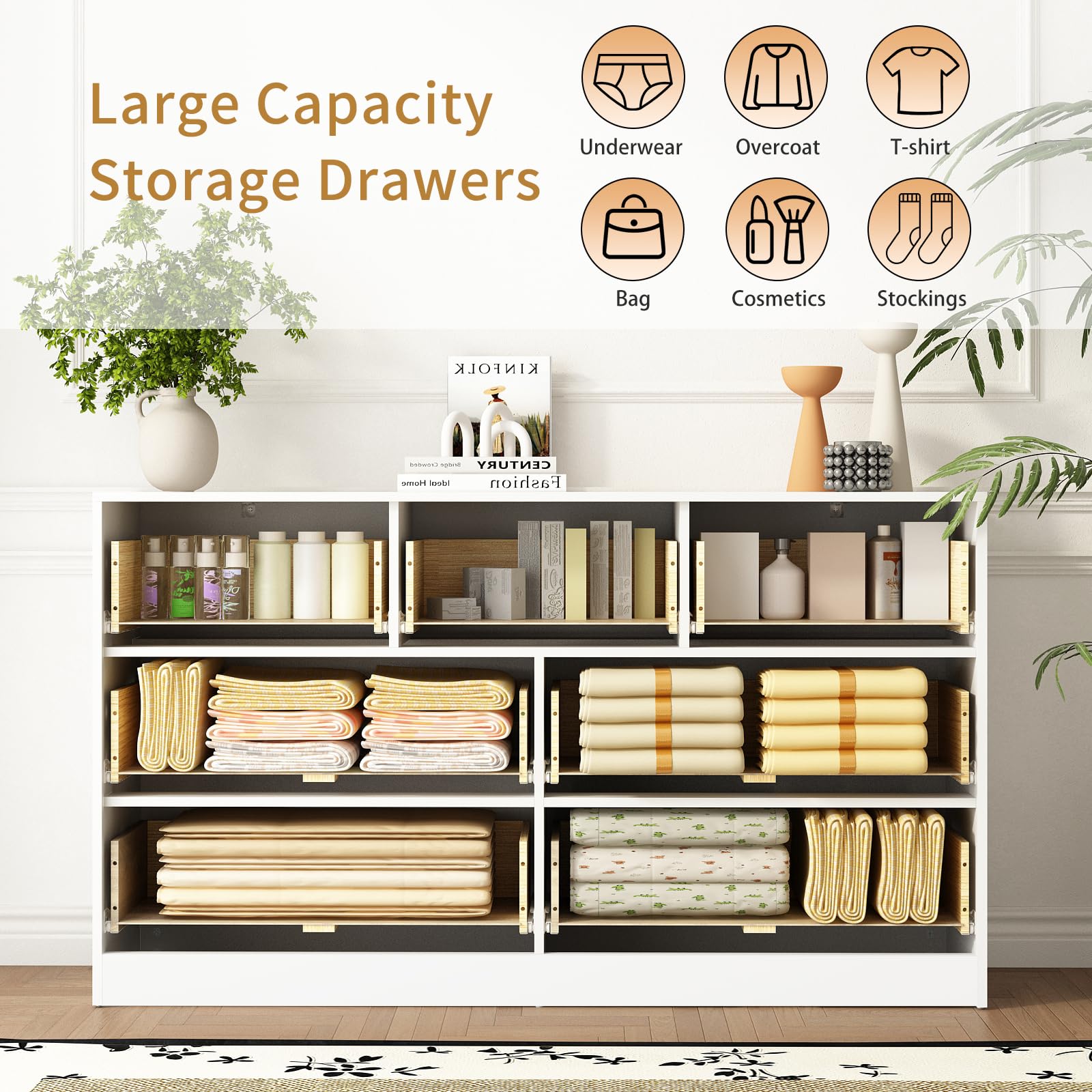 Sscaktu 7 Drawer Fluted Dresser with Deep Drawers for Bedroom, White丨55 Wide Mid Century Dresser, Modern Chest of Drawers, Wood TV Stand Storage Organizer for Closet, Living Room, Hallway