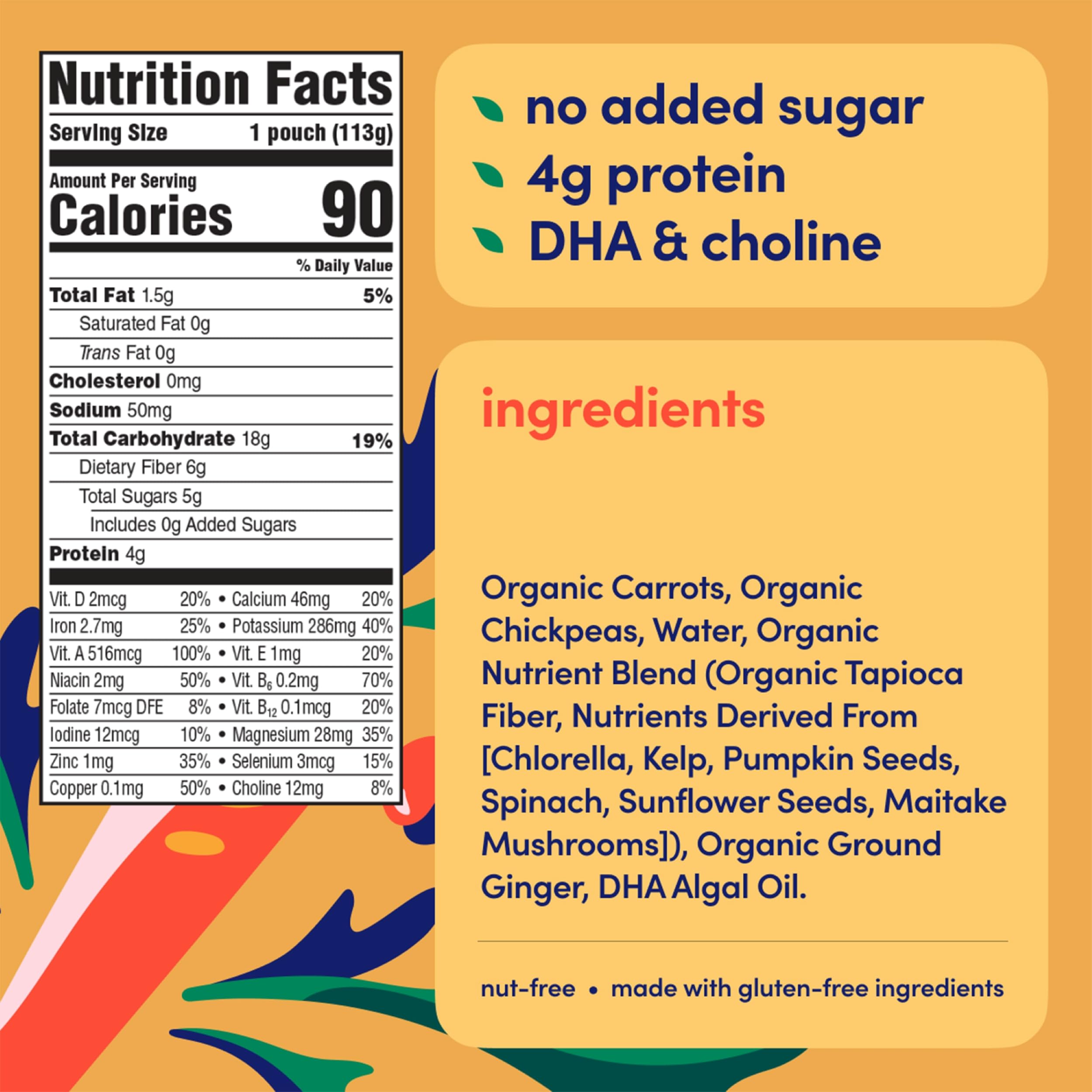 Cerebelly Organic Baby Food Pouches, Carrot Chickpea Purees, 16 Nutrients, No Added Sugar, Fiber & Non-GMO, 4oz, 6 Pack
