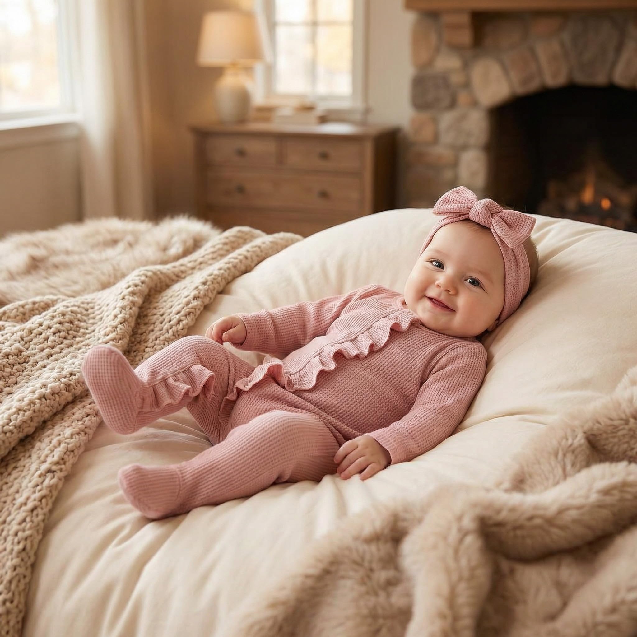 CIYCUIT Baby Girls Clothes Newborn Long Sleeve Zip Up Onesie Romper with Headband Fall Winter Outfits Pink 0-3 Months