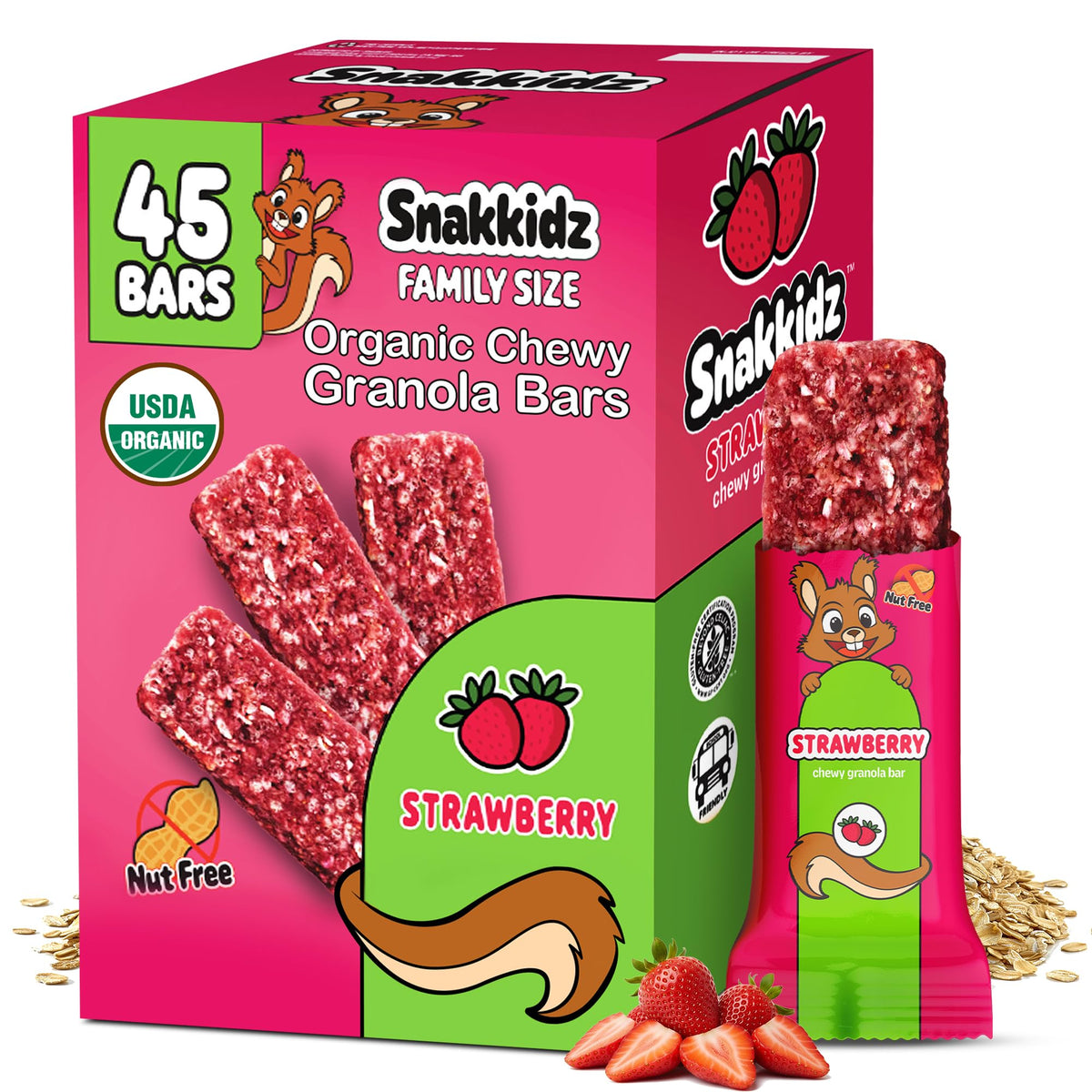 Snakkidz Organic Granola Bars, Strawberry, Seed oil free,15 Bars