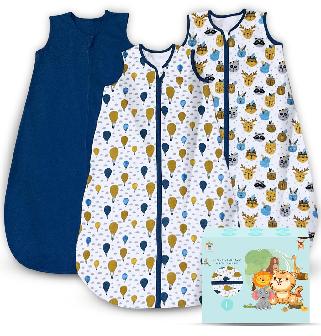 Cute Castle Baby Sleep Sack 12-18 Months - Lightweight 100% Cotton 2-Way Zipper TOG 0.5 Infant Wearable Blanket, Newborn Essentials Toddler Sleep Clothes, 3 Pack(Blue, Balloons, Animals)