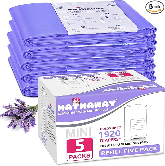 Diaper Pail Refill Bags Compatible With Dekor Mini Diaper Pail, Extra 30% Length, Lavender Scent, 5 Pack