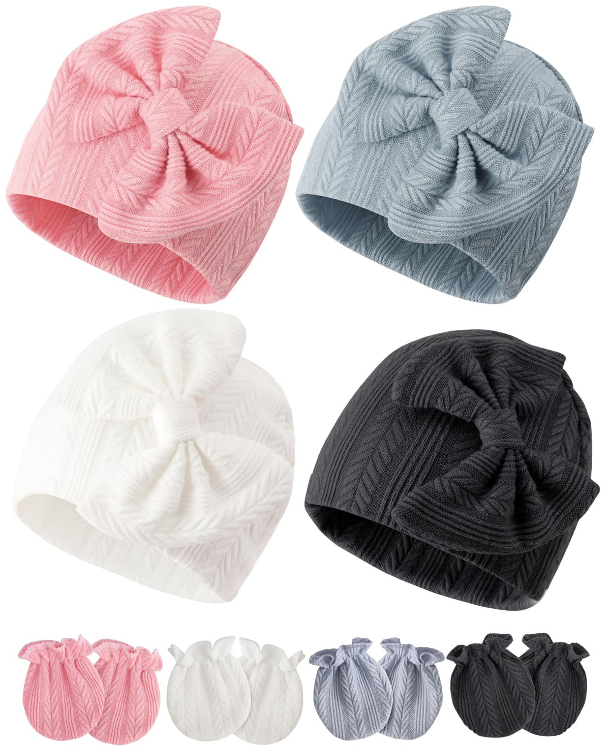 BQUBO Newborn Baby Hats Mittens Set Hospital Hat Beanie Infant Bow Hats Baby Gloves No Scratch Mittens for 0-6 Months
