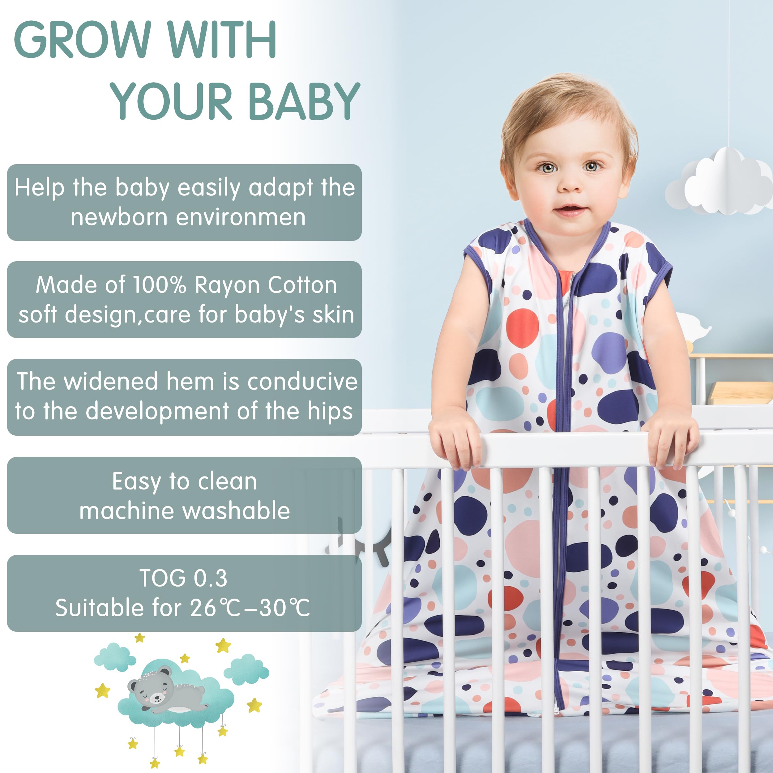 GUNTAIL Baby Sleep Sack 0-6 Months 3 Pack Baby Wearable Blanket 100% Rayon Cotton 2-Way Zipper Toddler Sleeping Sack.Comfy Soft Lightweight TOG 0.3 (Rabbit&Rocks&Green, 0-6 Months)