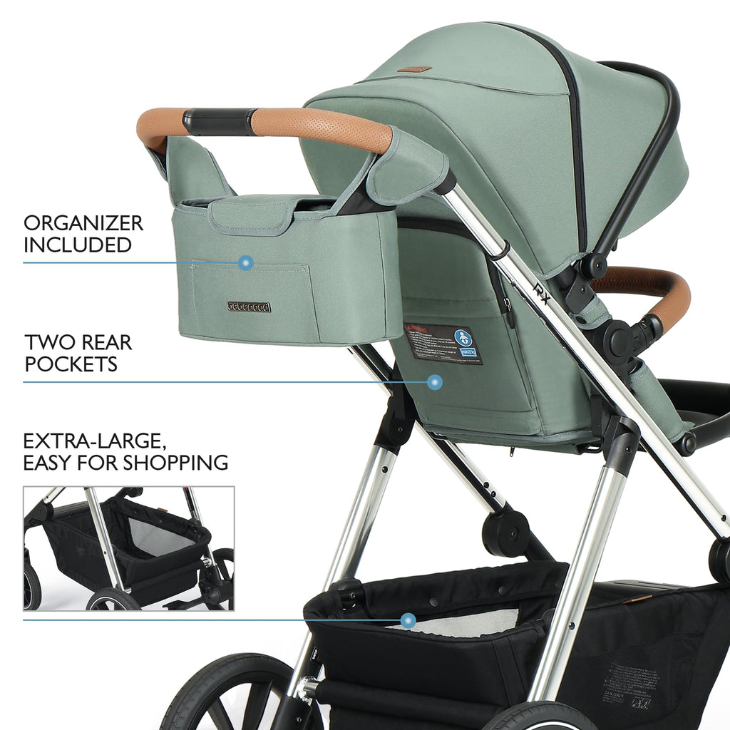 RX 3-in-1 Baby Stroller Toddler Stroller with Basket & Organizer, Green