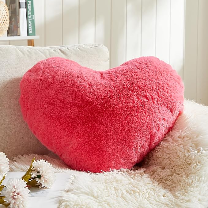 EastTree Heart Pillows, Carmine Heart Shaped Pillows, Love Throw Pillows Gifts, Ultra Soft Faux Rabbit Fur Small Cute Pillows, Women Girls Kid Room Decor 10x13 Inch
