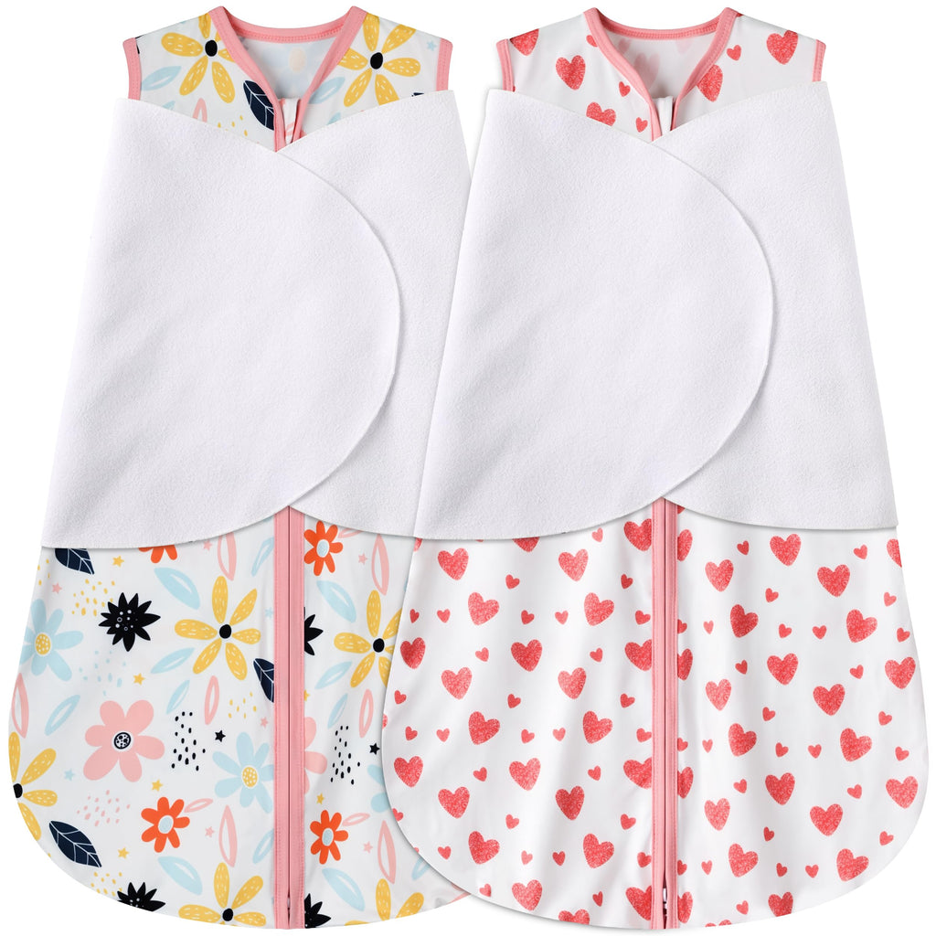 BSTOPPT Newborn Sleep Sack Baby Swaddle,6-12 Months,3-Way Adjustable Wearable Blanket,100% Rayon Cotton Swaddling Sleeping Bag，TOG 0.5（Heart&Floral）
