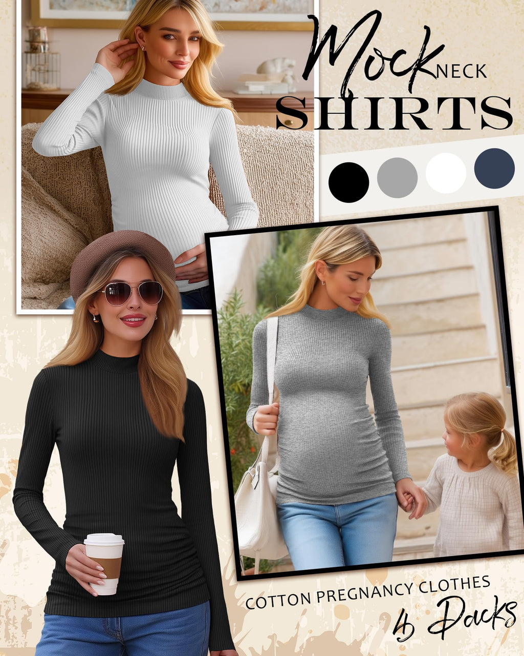 Oakgarden 4 Pack Women Long Sleeve Maternity Shirts, 4-Color, Small
