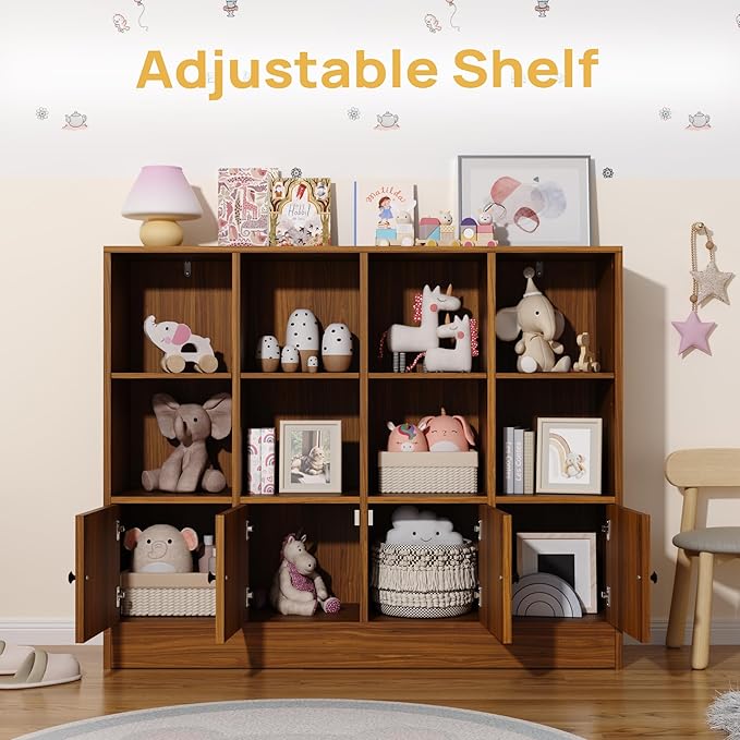 Brown Bookshelf, Wood Bookcase with 3 Tier Shelves, 12 Cube Storage Organizer with Doors for Bedroom, Living Room, 47.8" W x 39.1" H