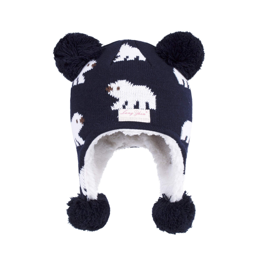 LANGZHEN Toddler Kids Infant Winter Hat,Earflap Knit Warm Cap Fleece Lined Beanie for Baby Boys Girls (Polar Bear-Navy, 2-4 T)