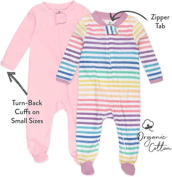 HonestBaby Sleep and Play Footed Pajamas One-Piece Sleeper Jumpsuit Zip-Front PJs 100% Organic Cotton for Baby Girls