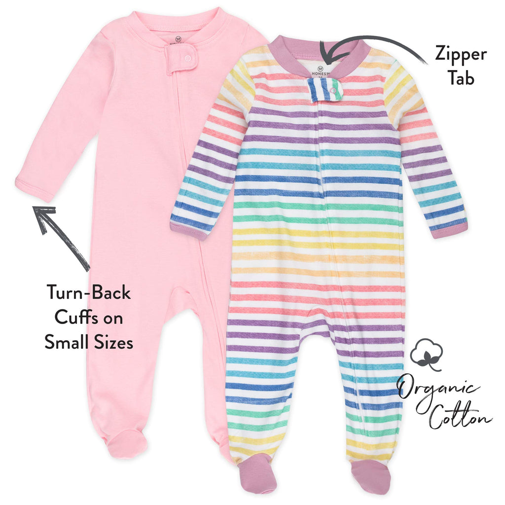 HonestBaby 2-Pack Organic Cotton Footed Pajama Sleep & Play, Rainbow Stripe, 0-3 Months