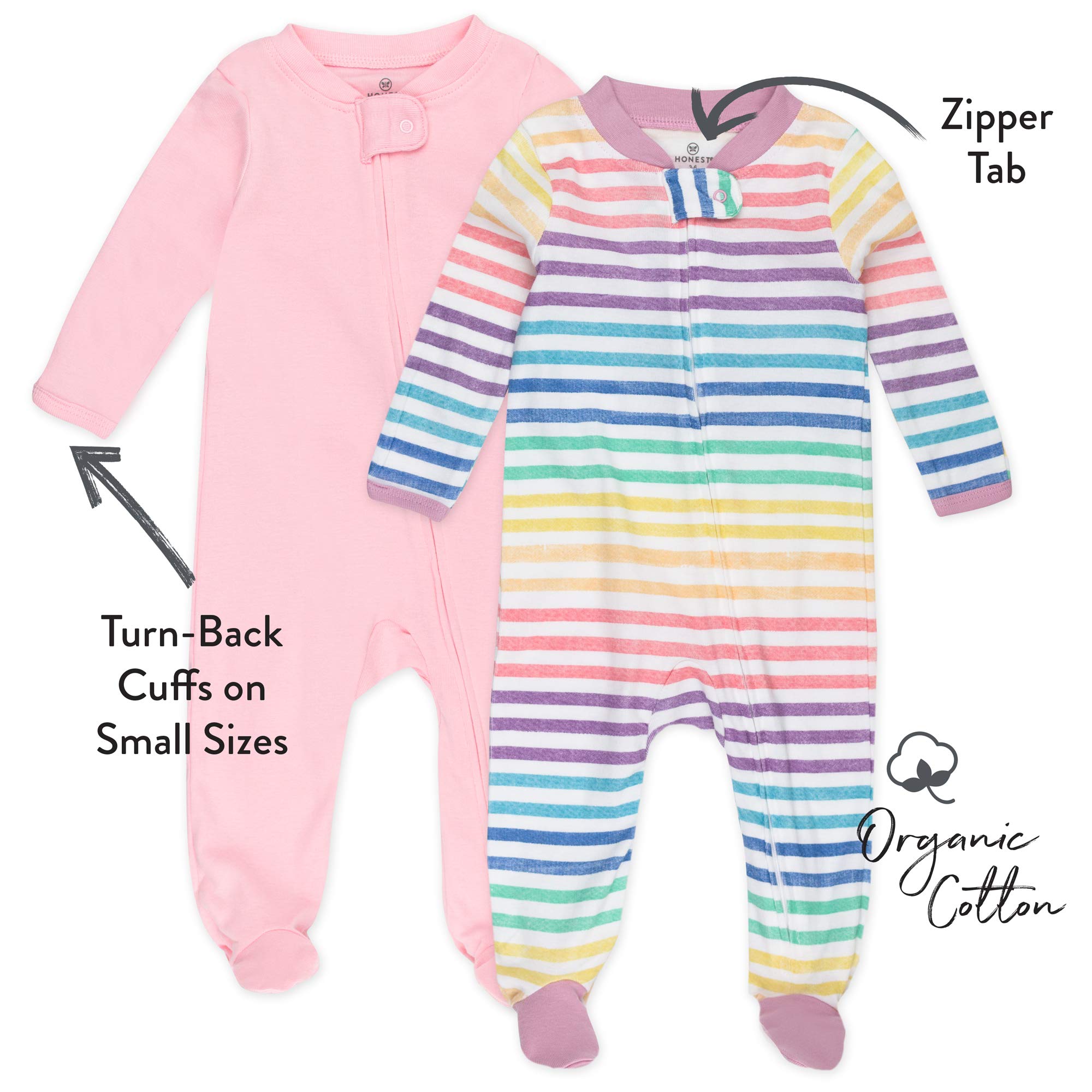 HonestBaby 2-Pack Organic Cotton Footed Pajama Sleep & Play, Rainbow Stripe, 0-3 Months