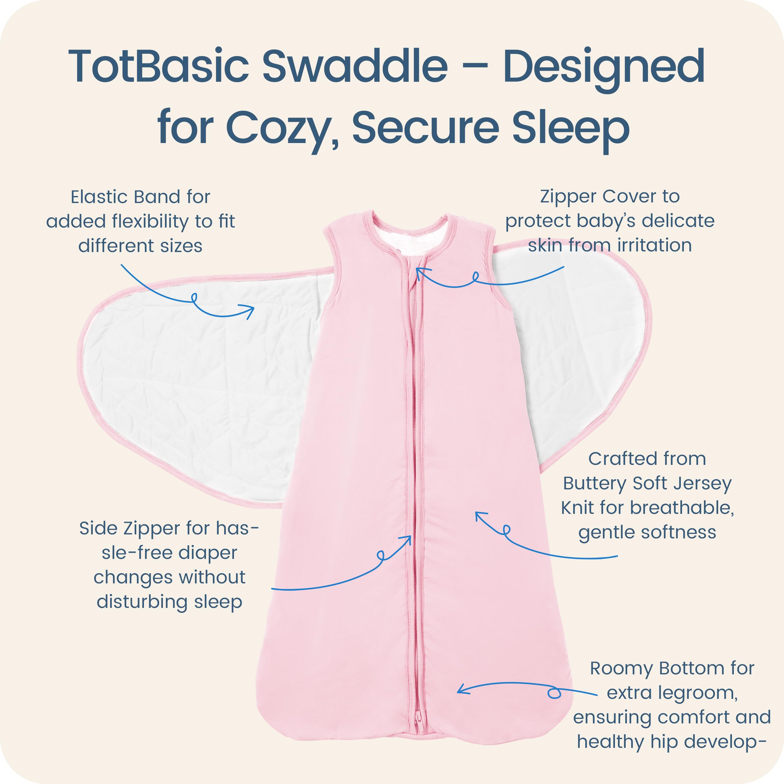 TOTBASIC Baby Swaddle Blanket 6-12 Months, 1.0 TOG 3-Way Adjustable Baby Sleep Sack, Blush