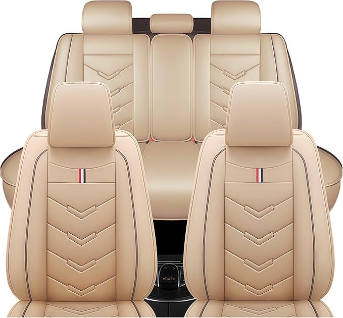 Leather Car Seat Covers Fit for LR LR4 2009-2016, 5 Seater Waterproof and Wear-Resistant Seat Cover Interior Accessories(Full Set,Beige)